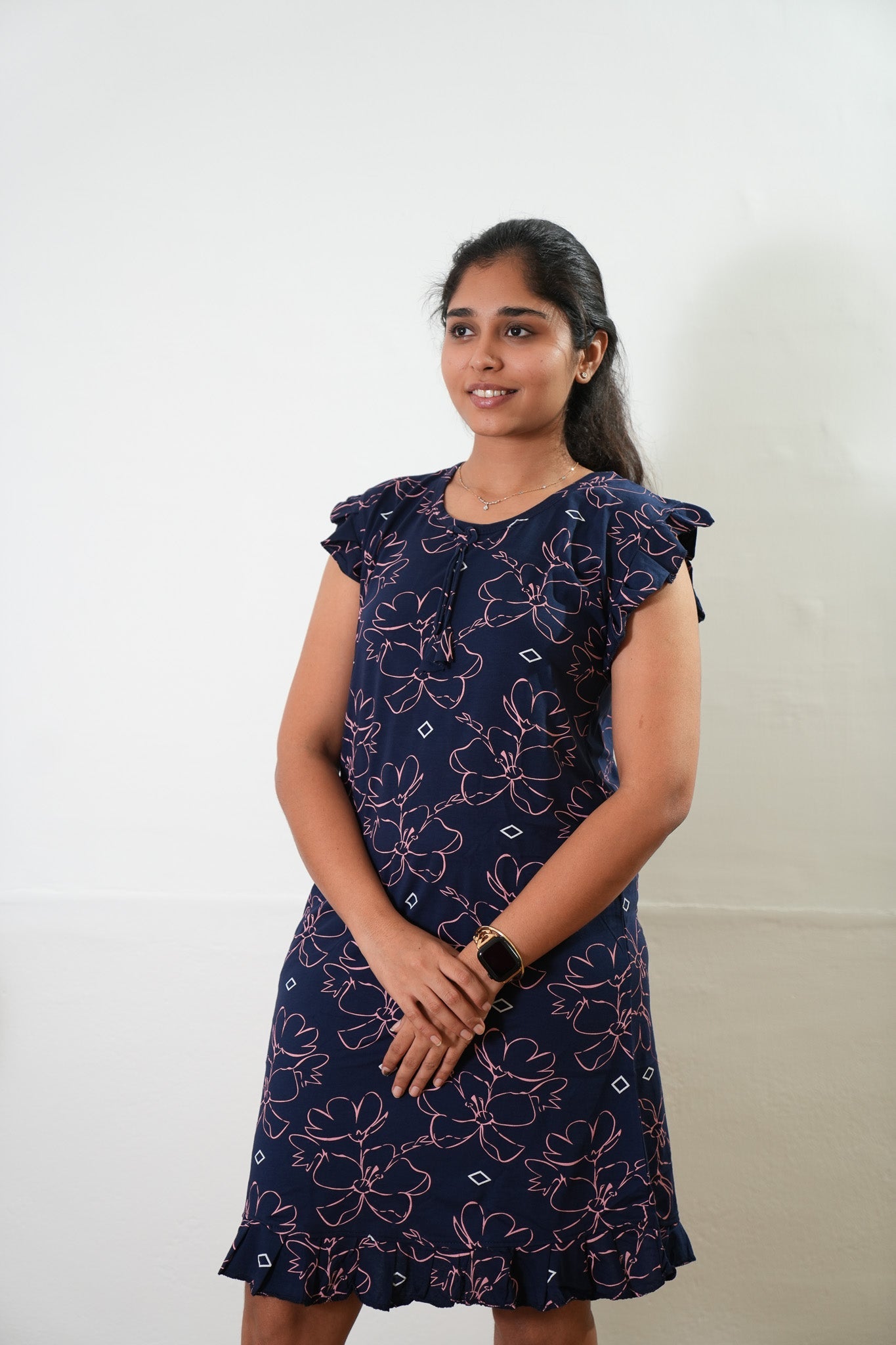 Navy floral knitted cotton nighty