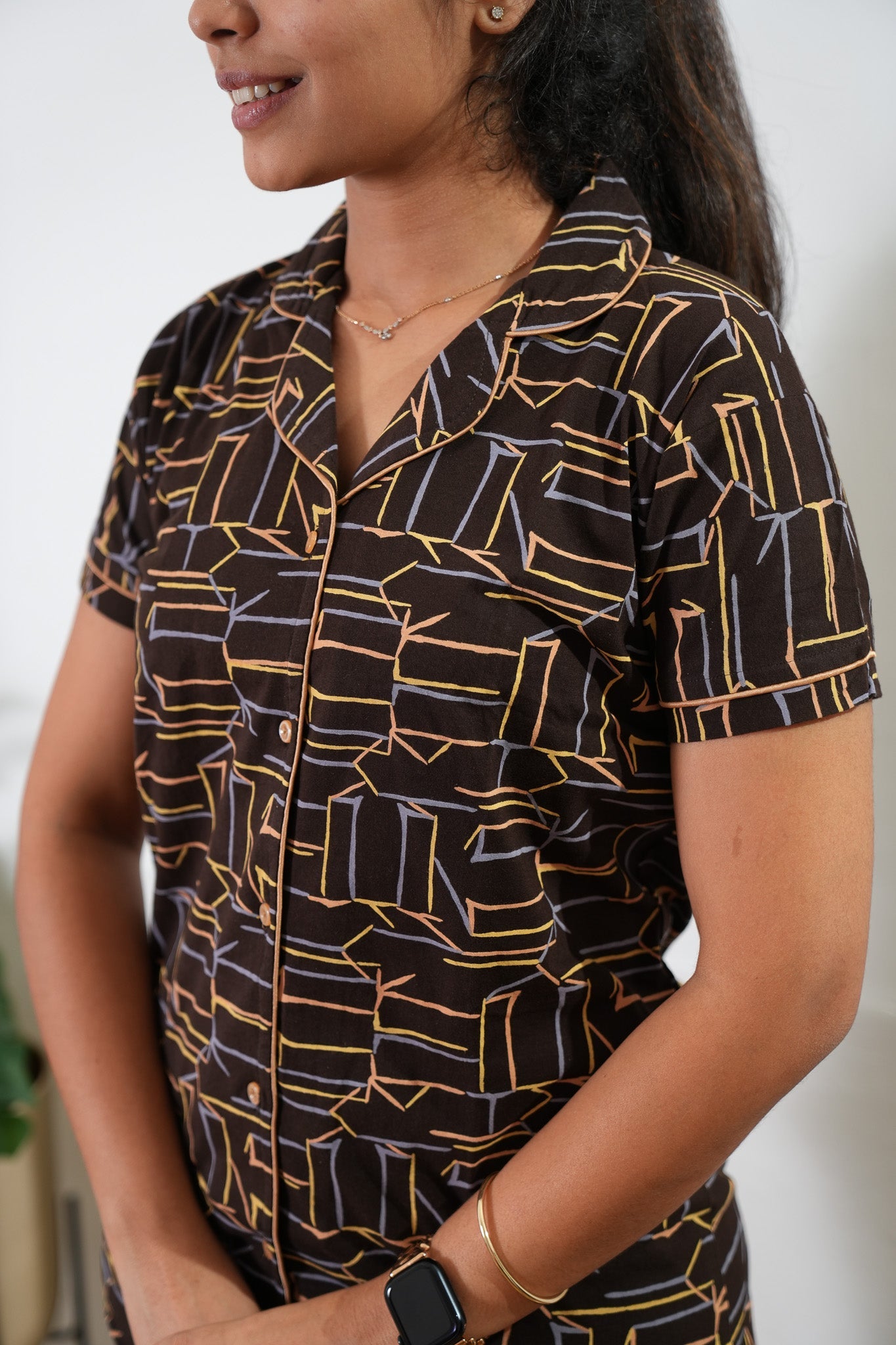 Brown geometric knitted cotton night suit