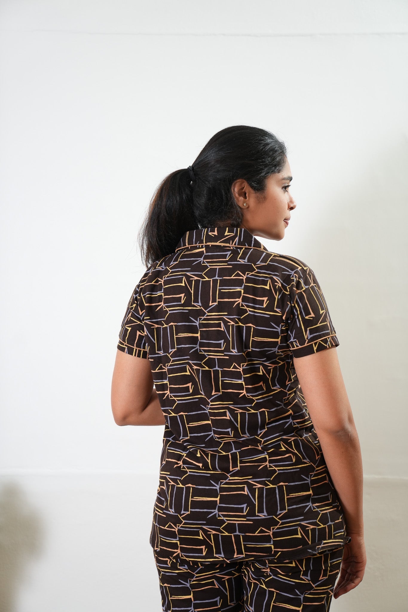 Brown geometric knitted cotton night suit