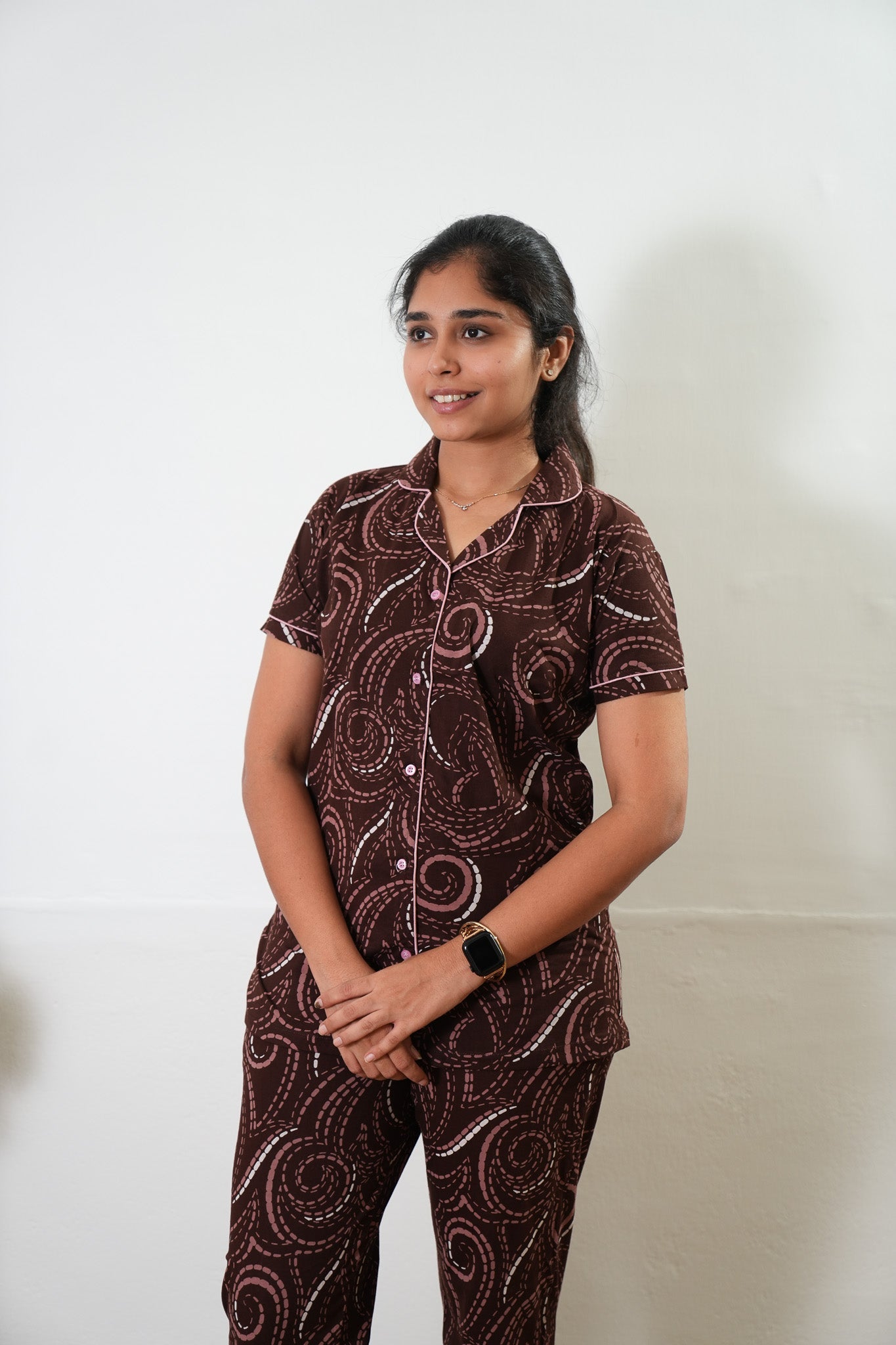 Brown knitted cotton night suit