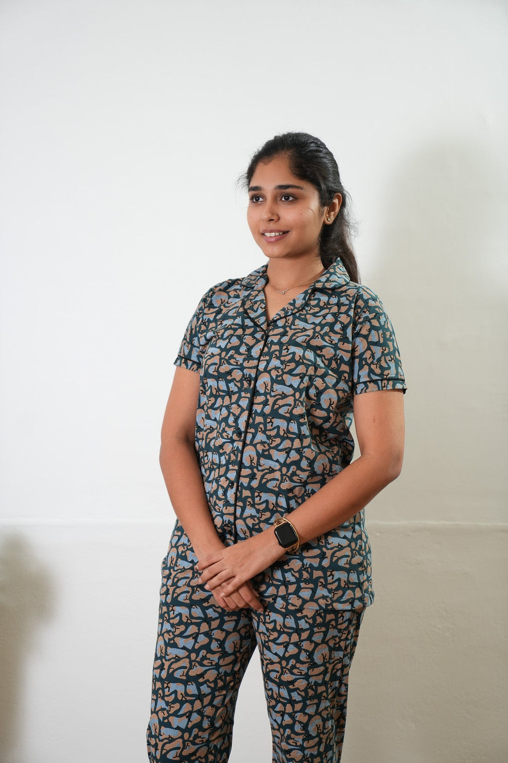 Peacock blue pebble knitted cotton night suit
