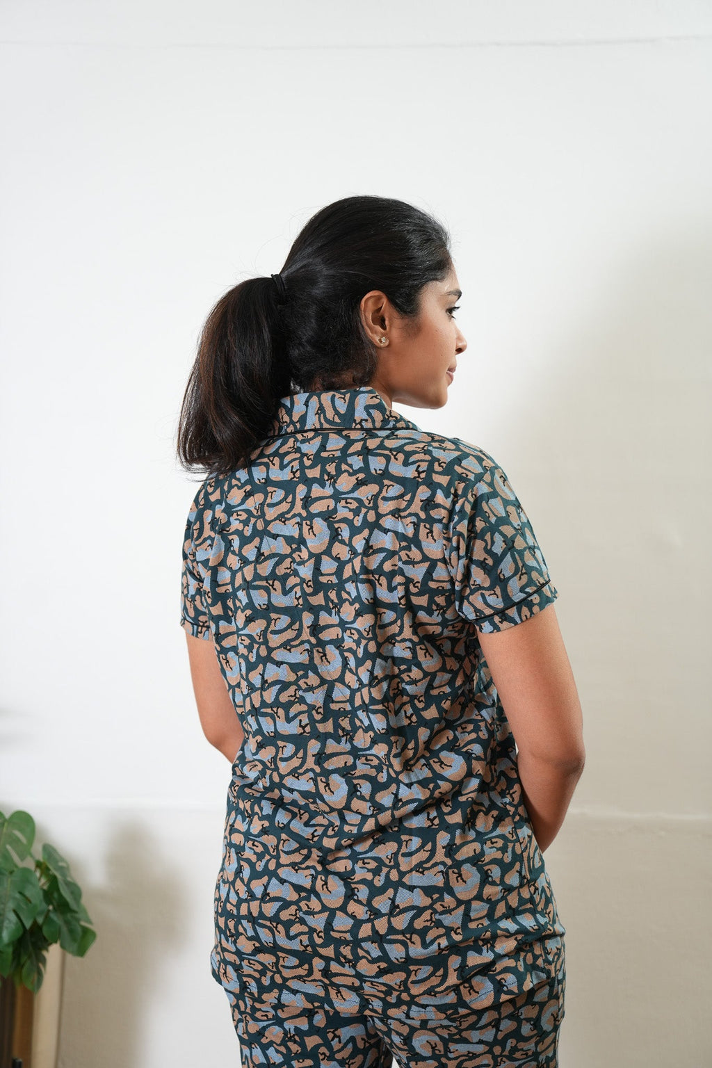 Peacock blue pebble knitted cotton night suit