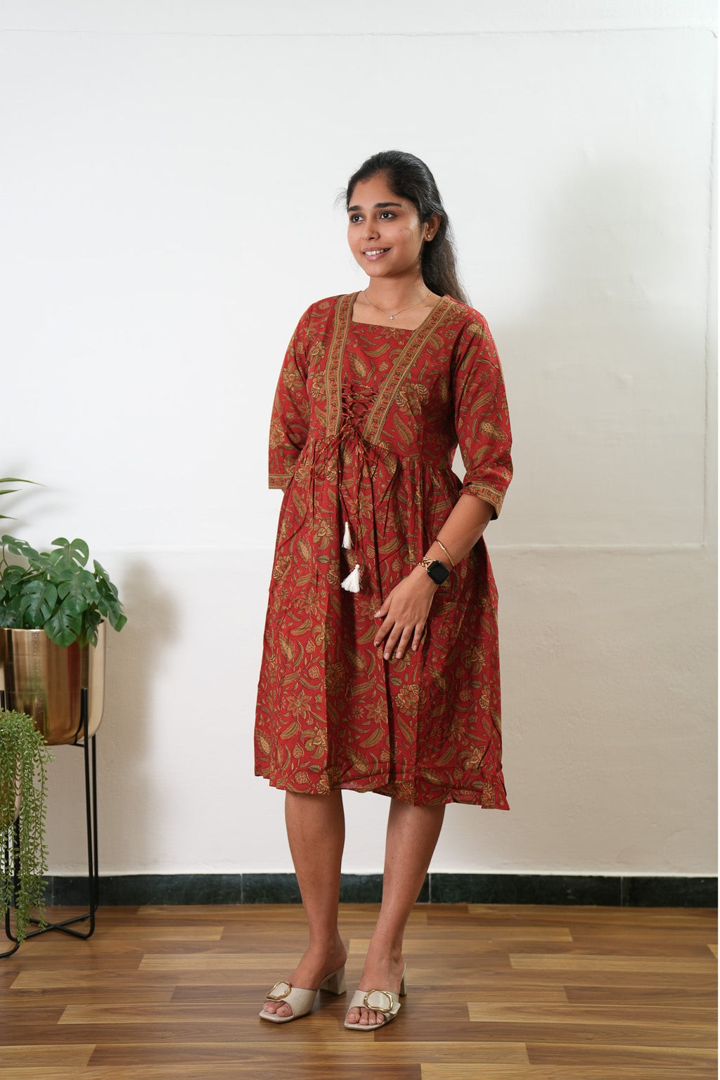 Crimson V neck cotton dress