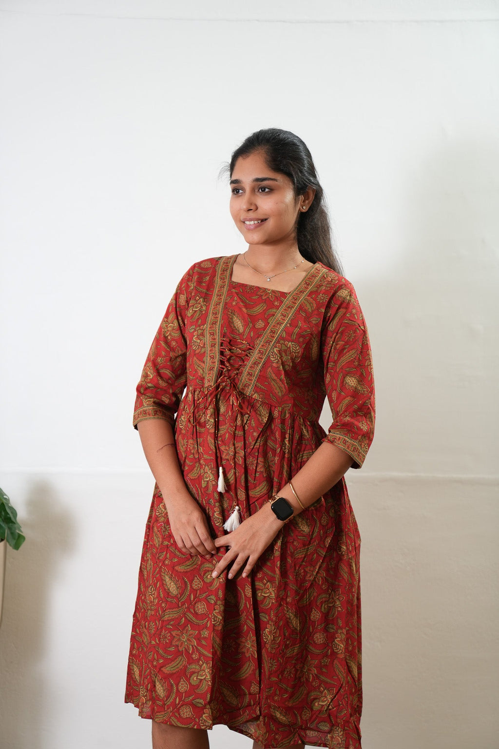 Crimson V neck cotton dress