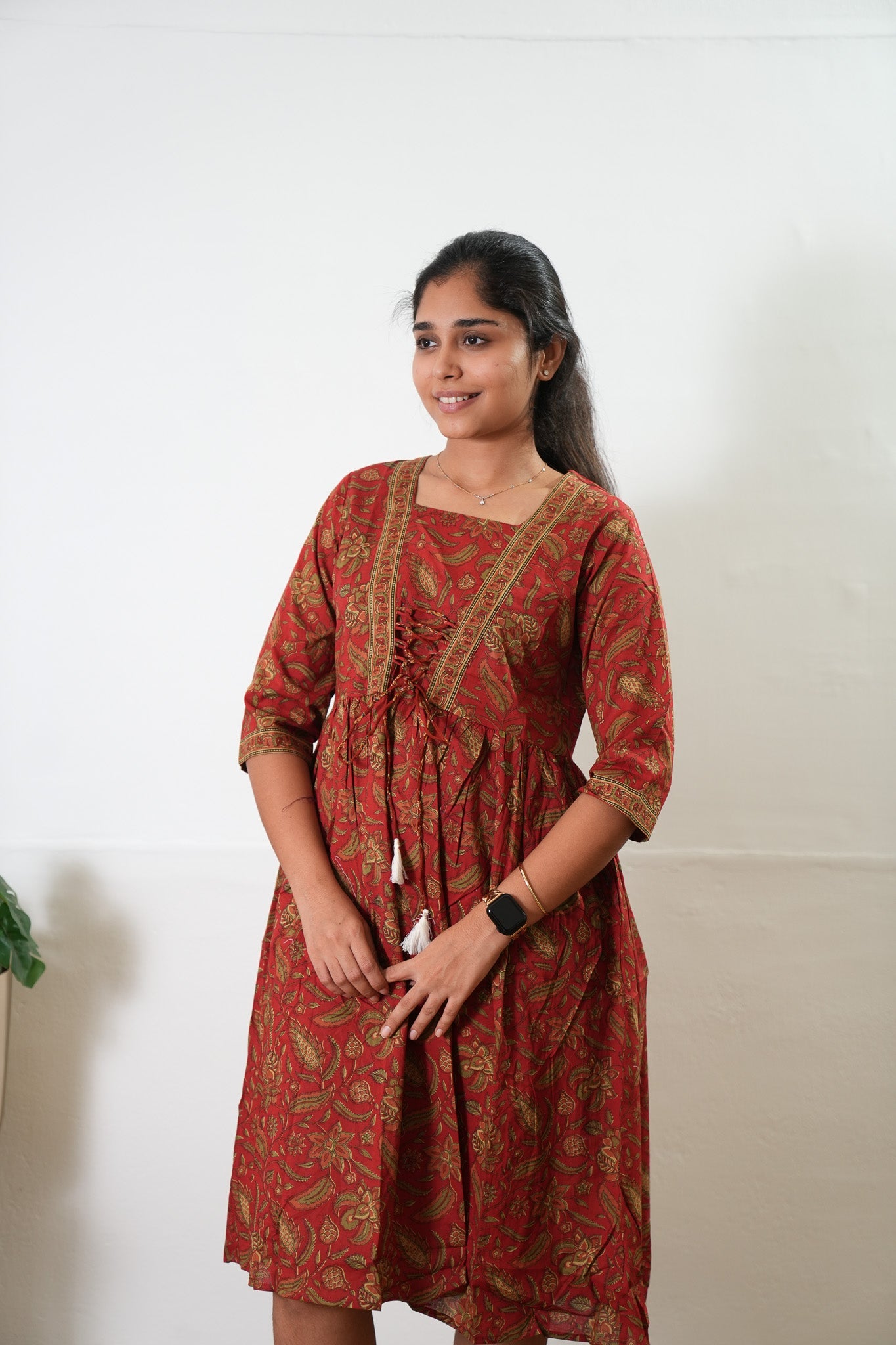 Crimson V neck cotton dress