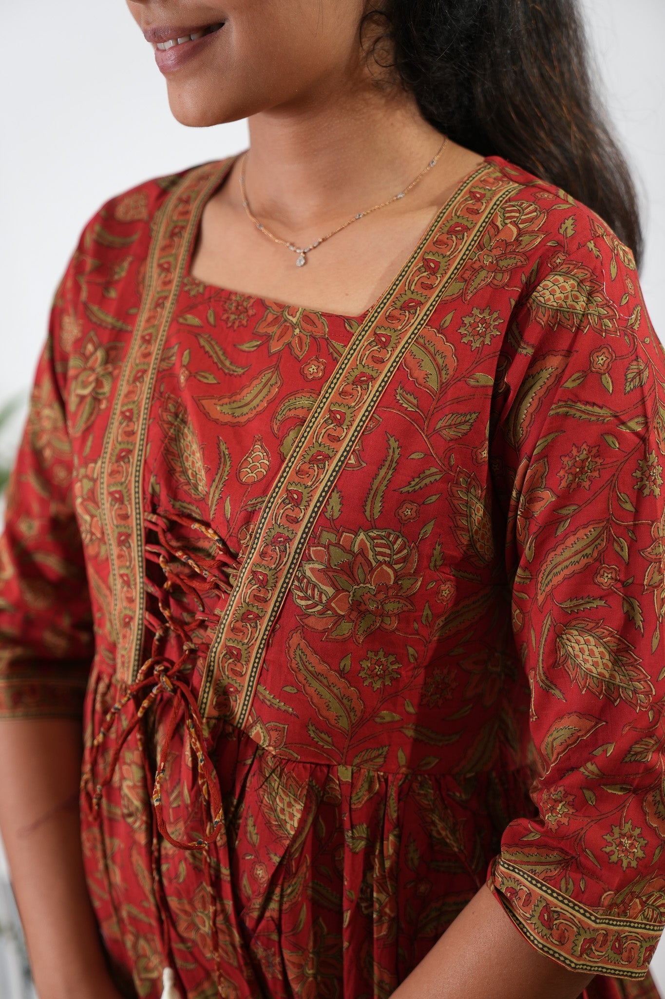 Crimson V neck cotton dress