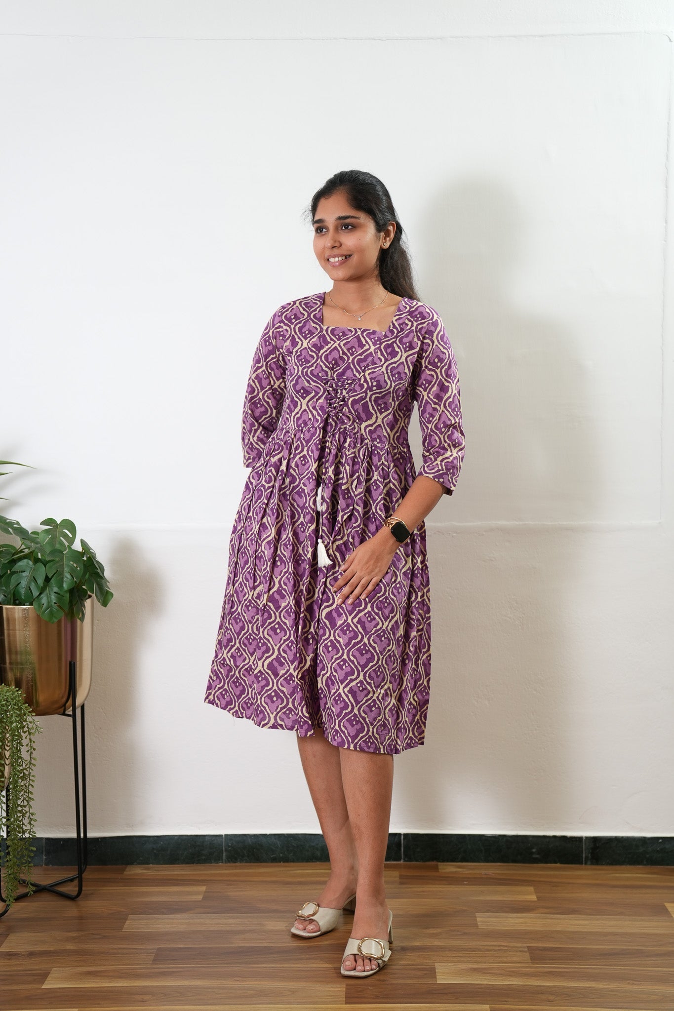 Purple v neck cotton dress