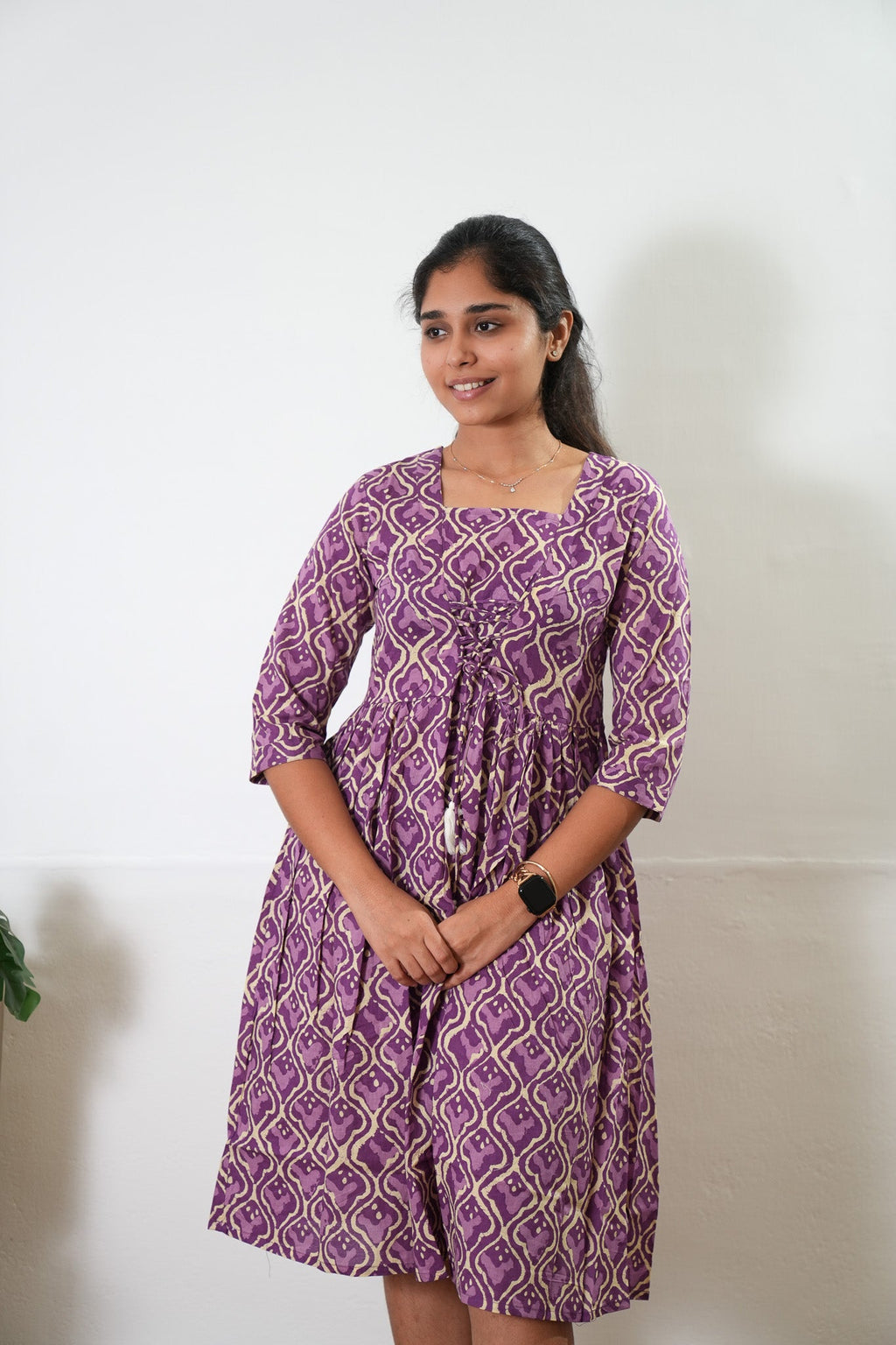 Purple v neck cotton dress