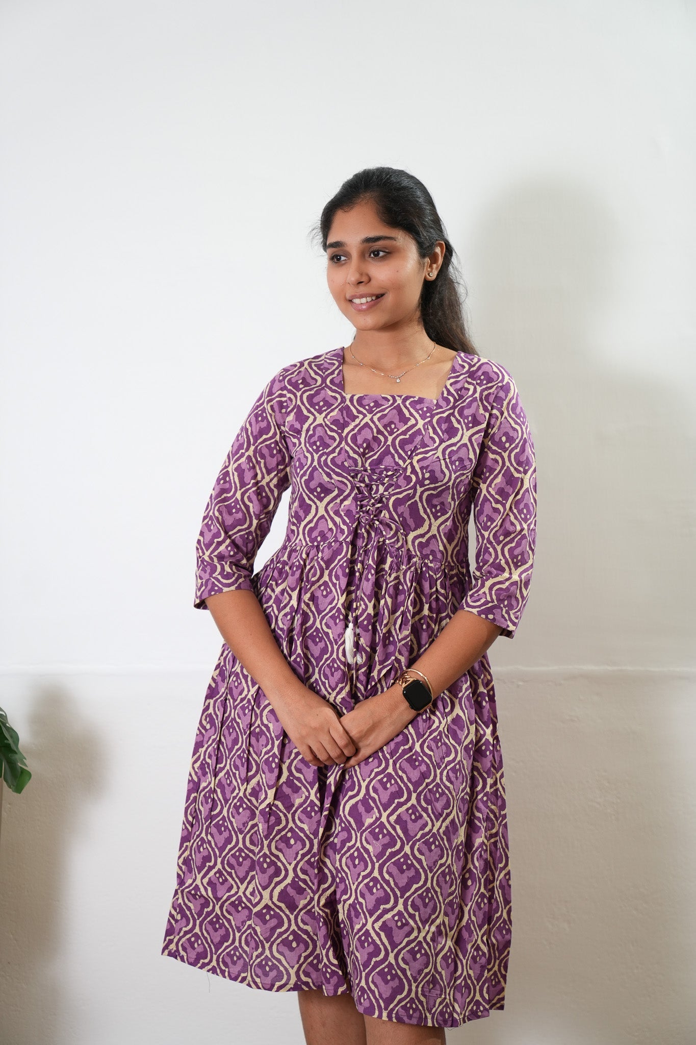 Purple v neck cotton dress
