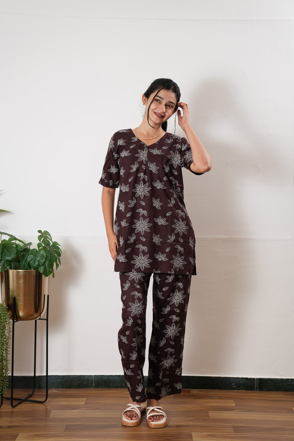 Brown floral cotton lounge sleep wear