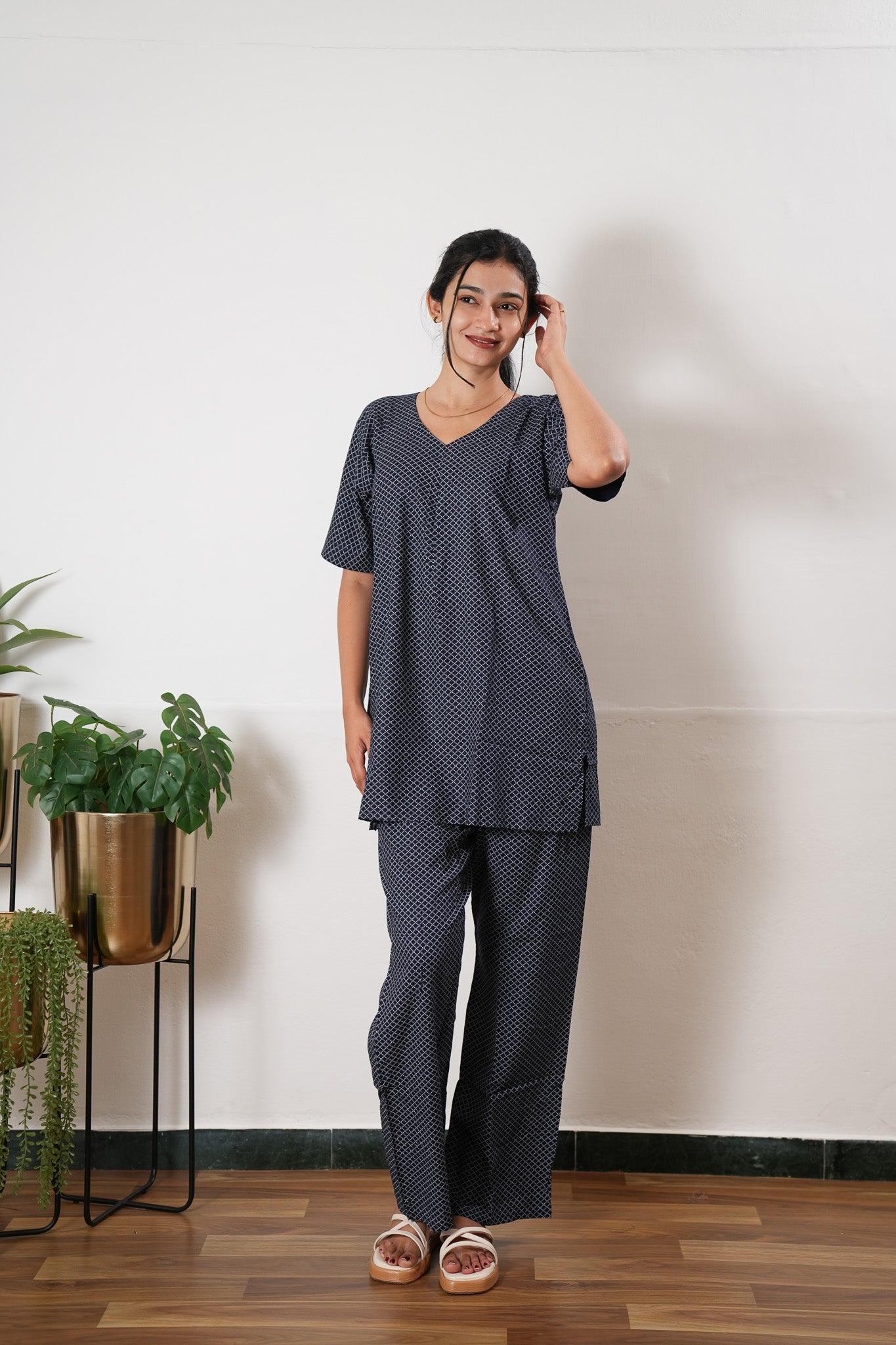 Navy checks cotton lounge sleep wear