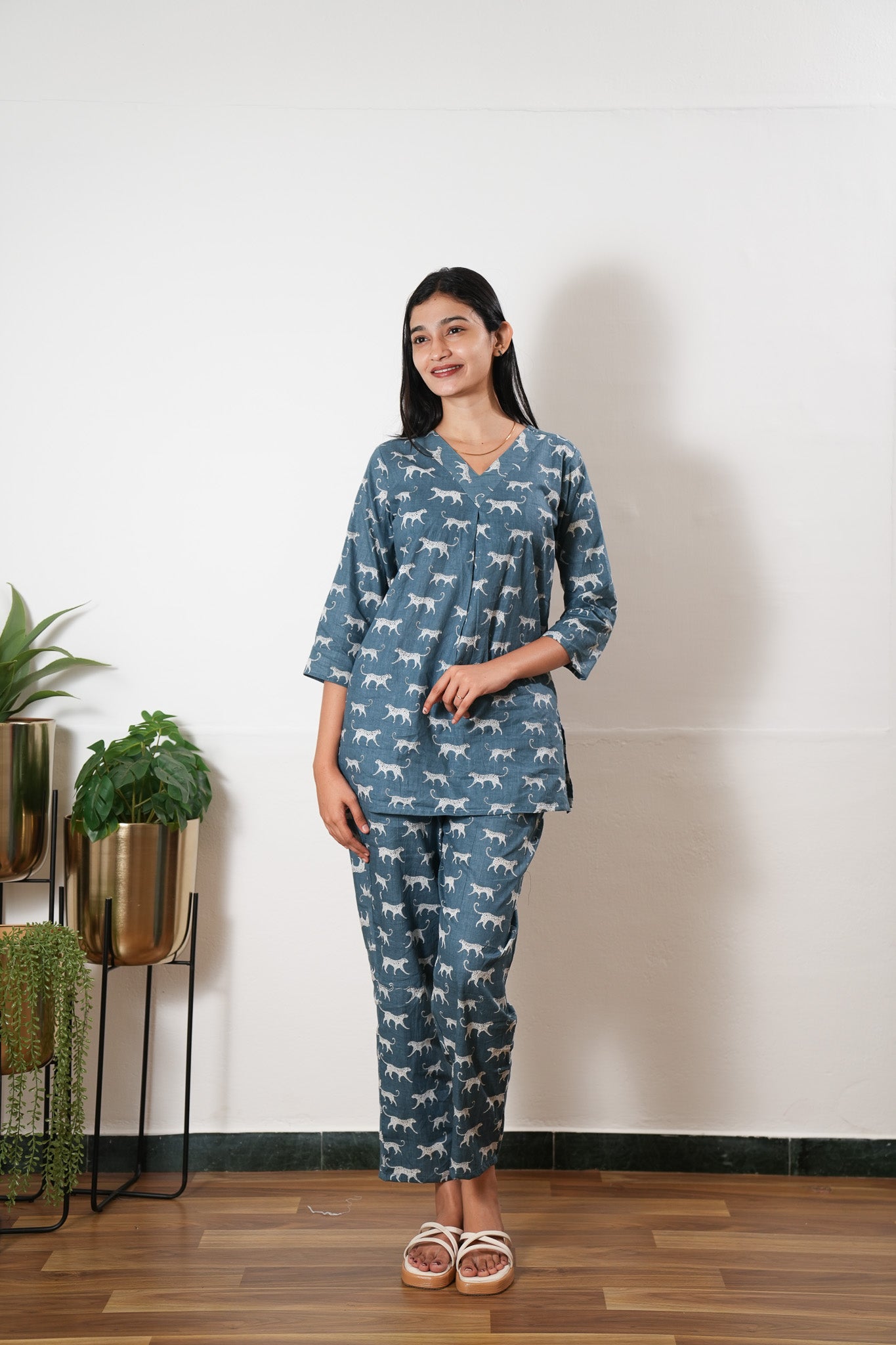 Powder blue cheetah cotton lounge sleep wear