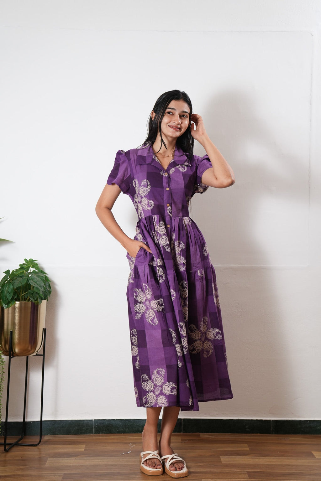 Violet button down cotton midi dress