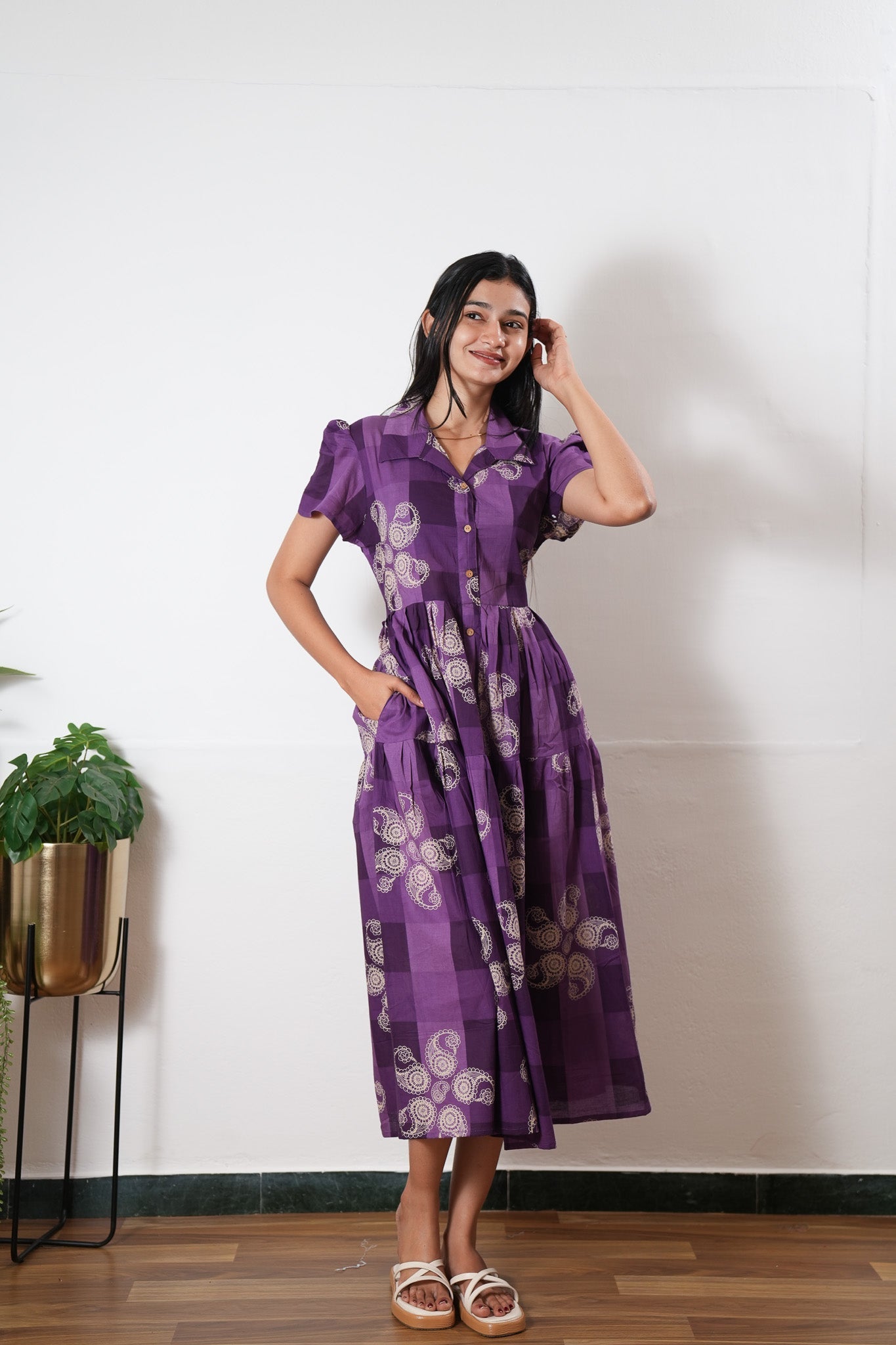 Violet button down cotton midi dress