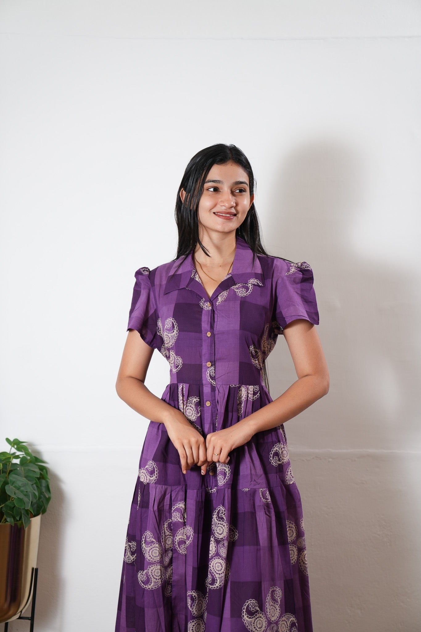 Violet button down cotton midi dress