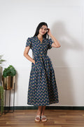 Midnight blue butta button down cotton midi dress