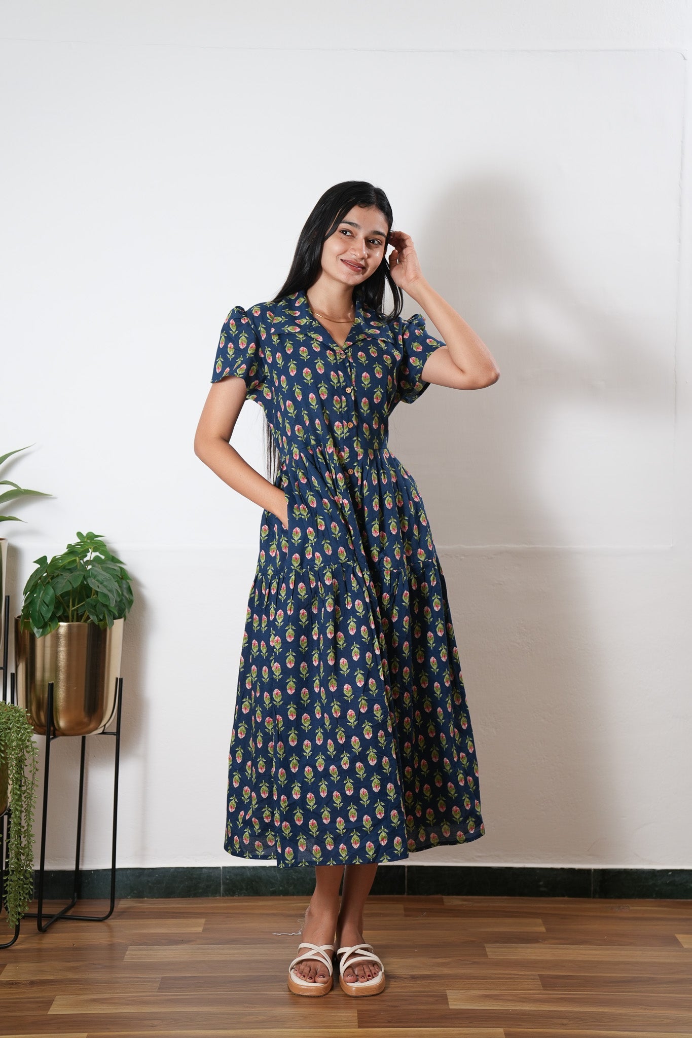 Midnight blue butta button down cotton midi dress