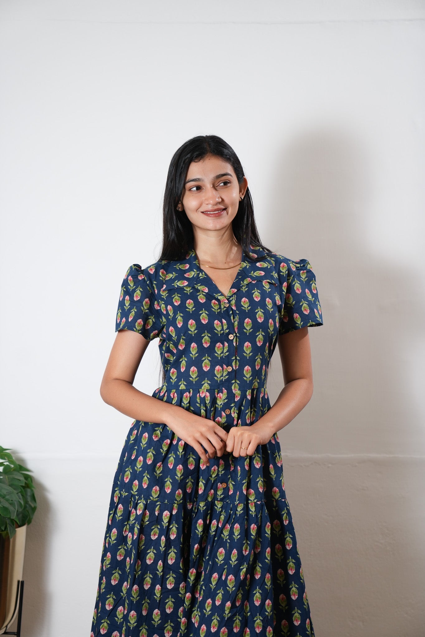Midnight blue butta button down cotton midi dress
