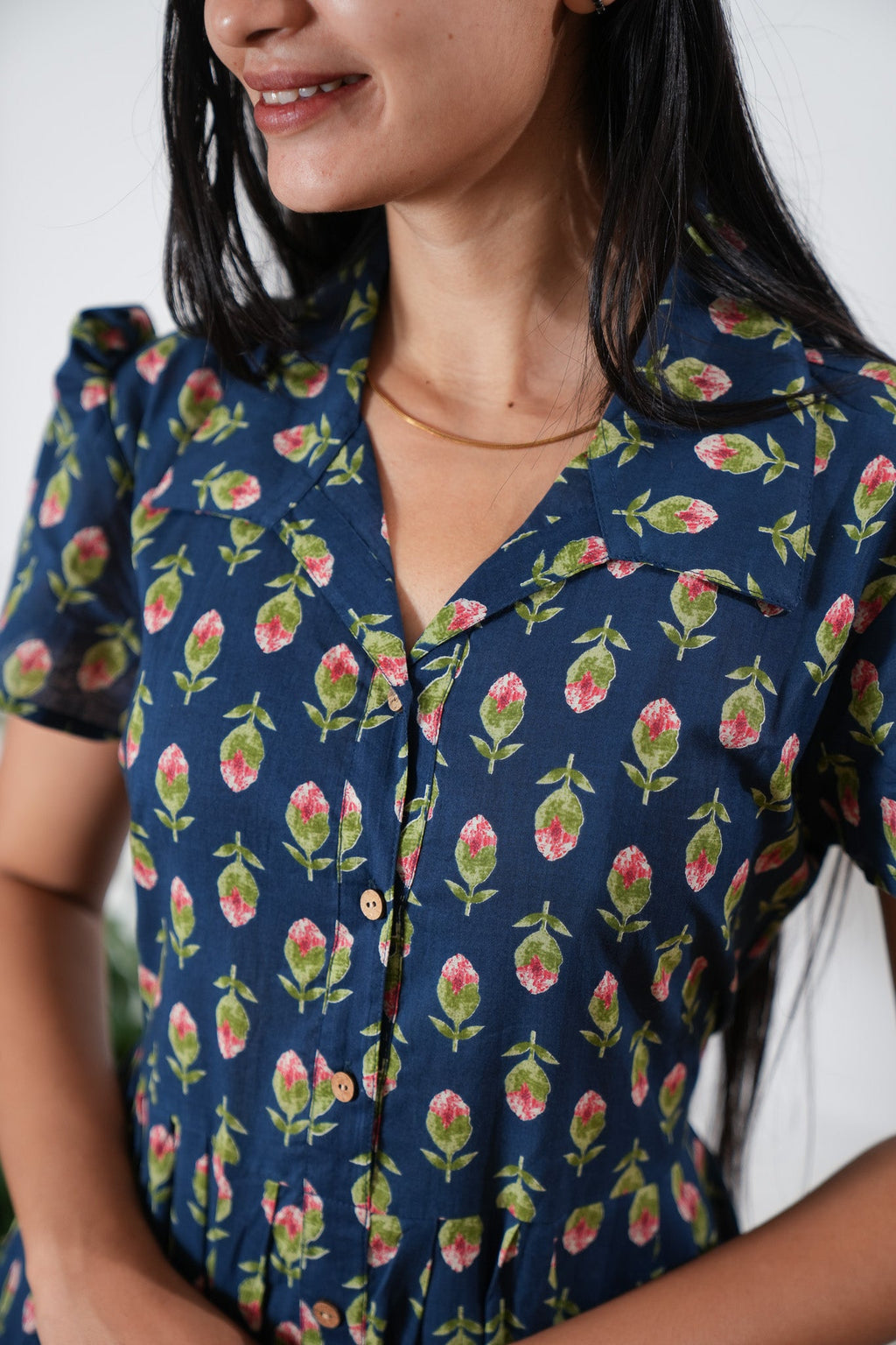 Midnight blue butta button down cotton midi dress