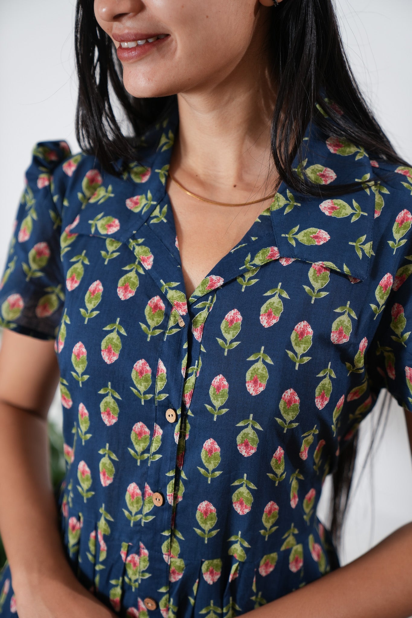 Midnight blue butta button down cotton midi dress