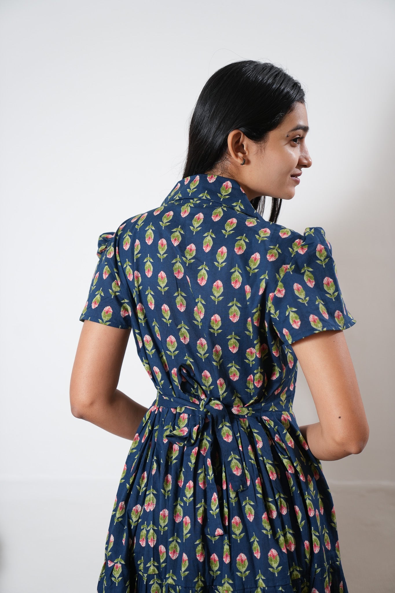 Midnight blue butta button down cotton midi dress