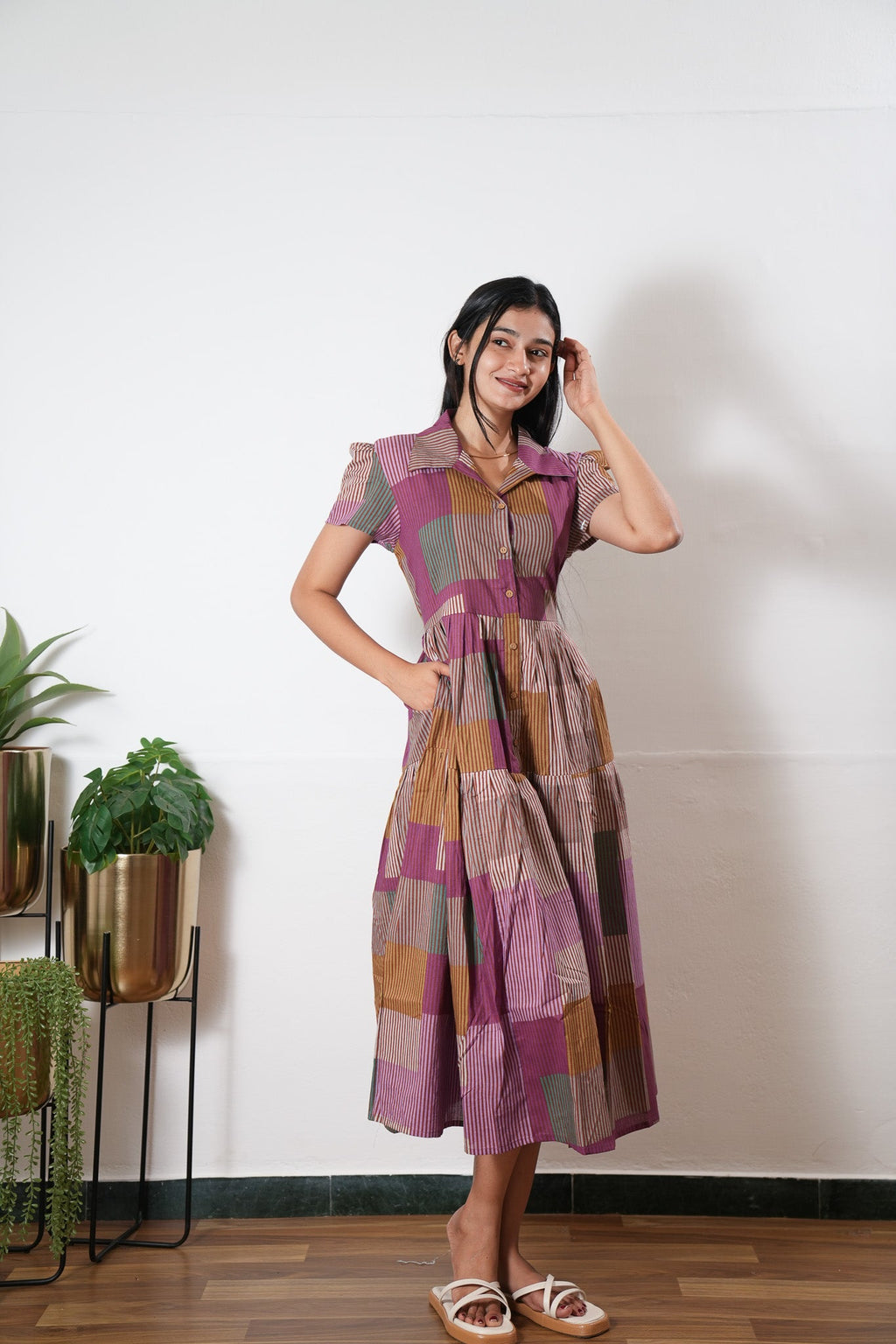 Rosy stripes button down cotton midi dress