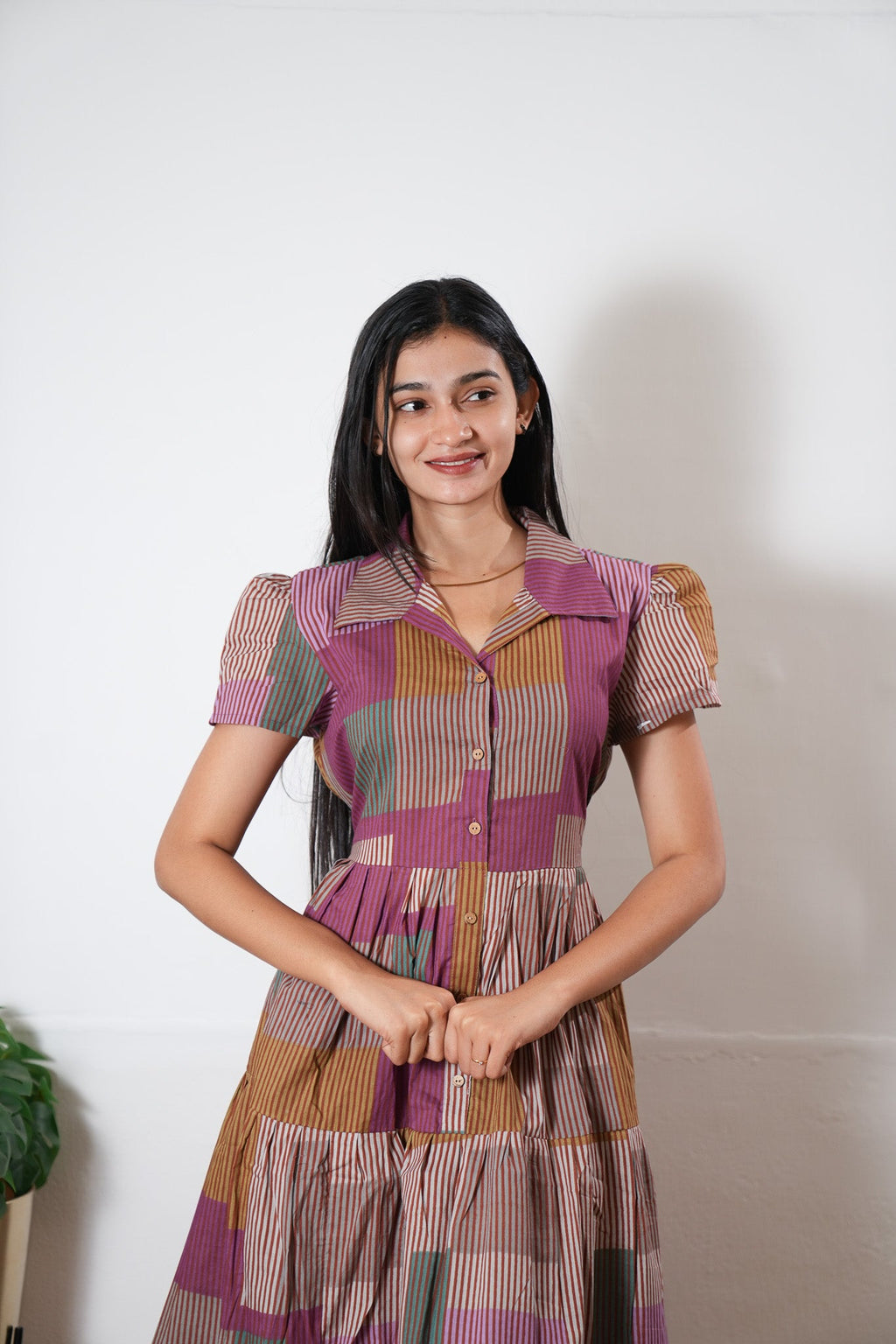 Rosy stripes button down cotton midi dress