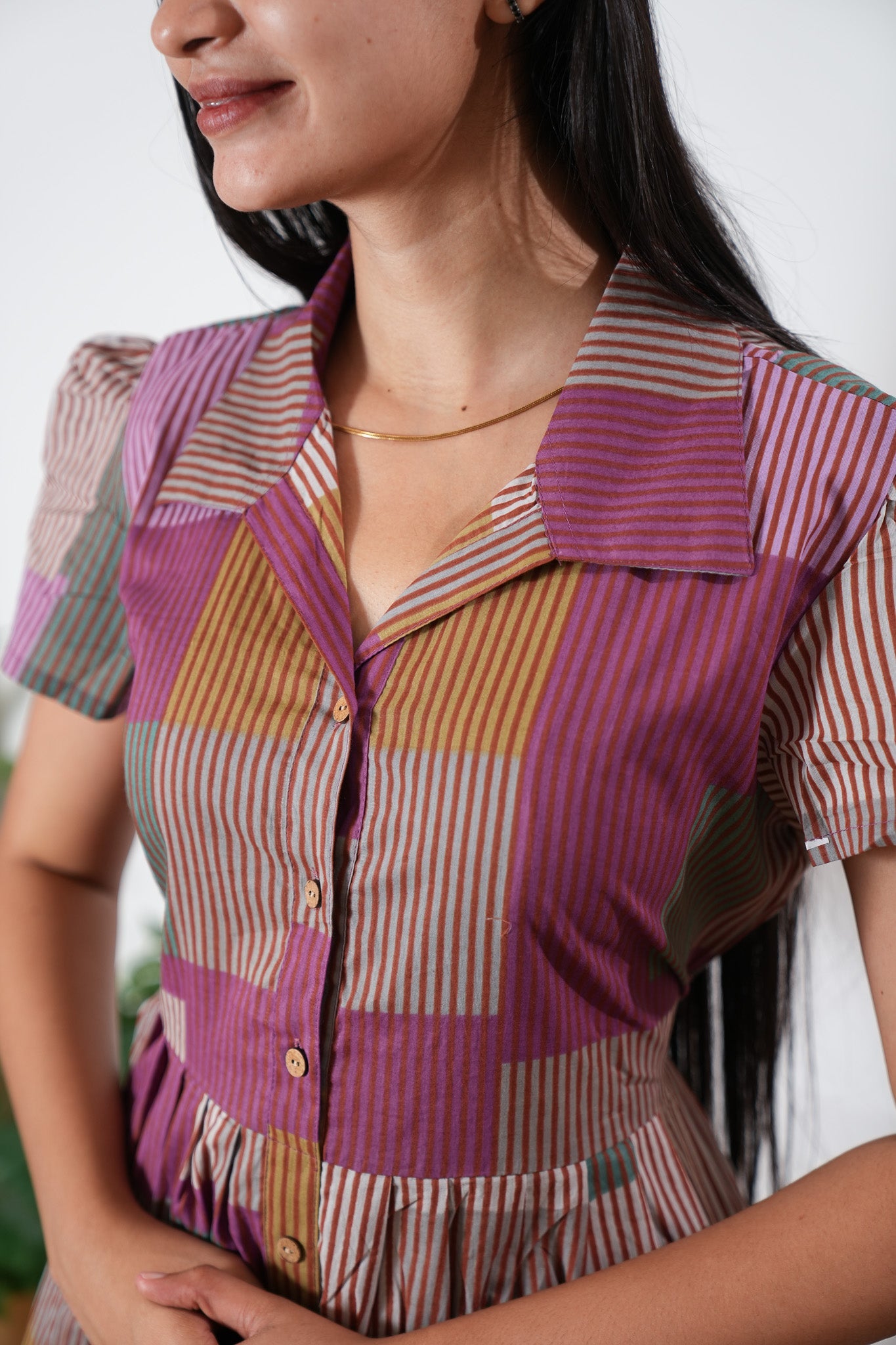Rosy stripes button down cotton midi dress