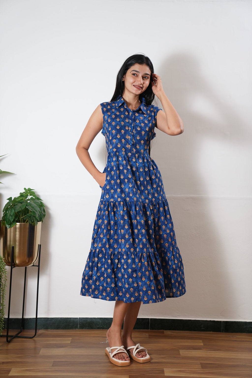 Navy tie and dye button down midi dress(attached sleeves)