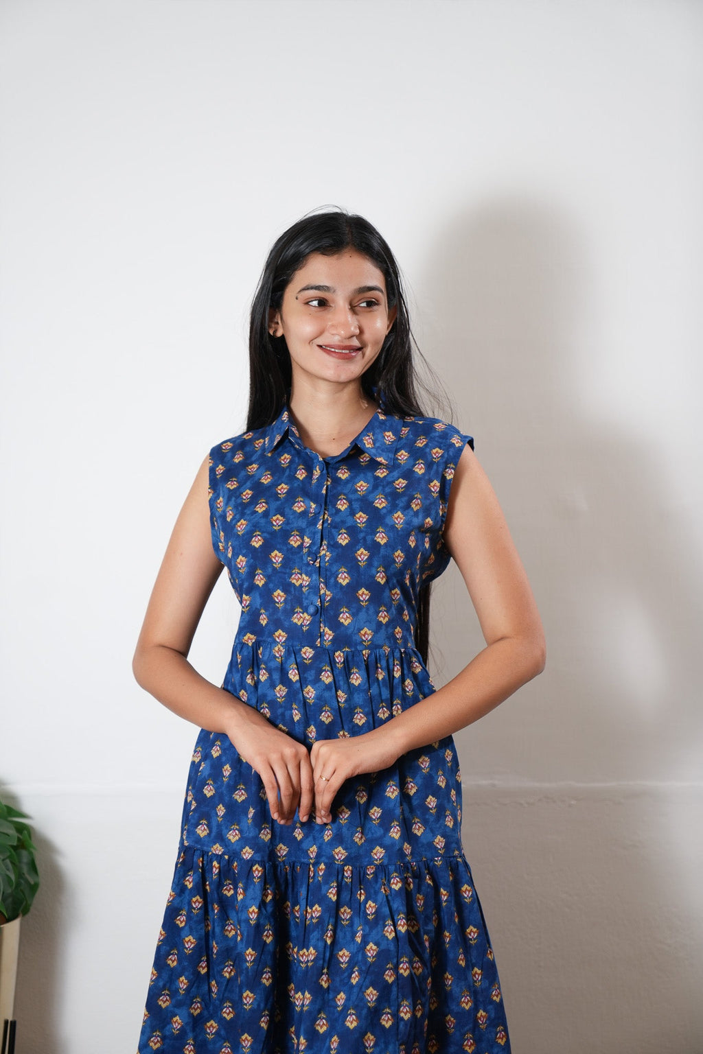 Navy tie and dye button down midi dress(attached sleeves)