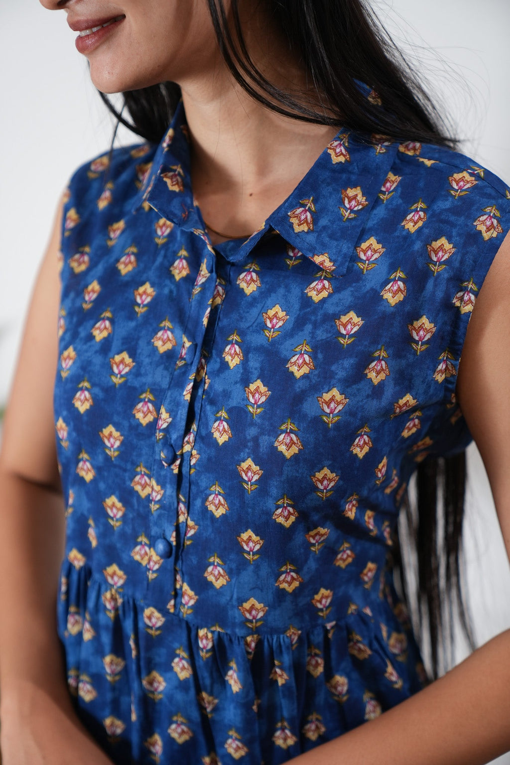 Navy tie and dye button down midi dress(attached sleeves)