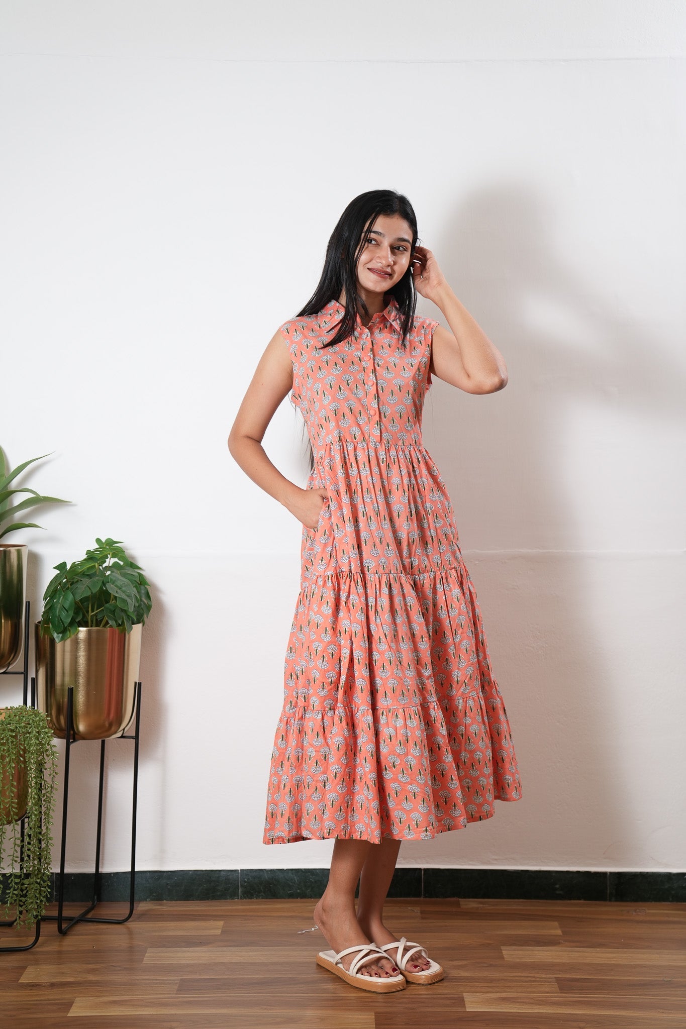 Peach button down cotton midi dress(attached sleeves)
