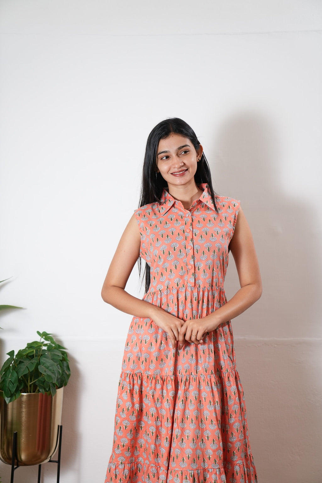 Peach button down cotton midi dress(attached sleeves)