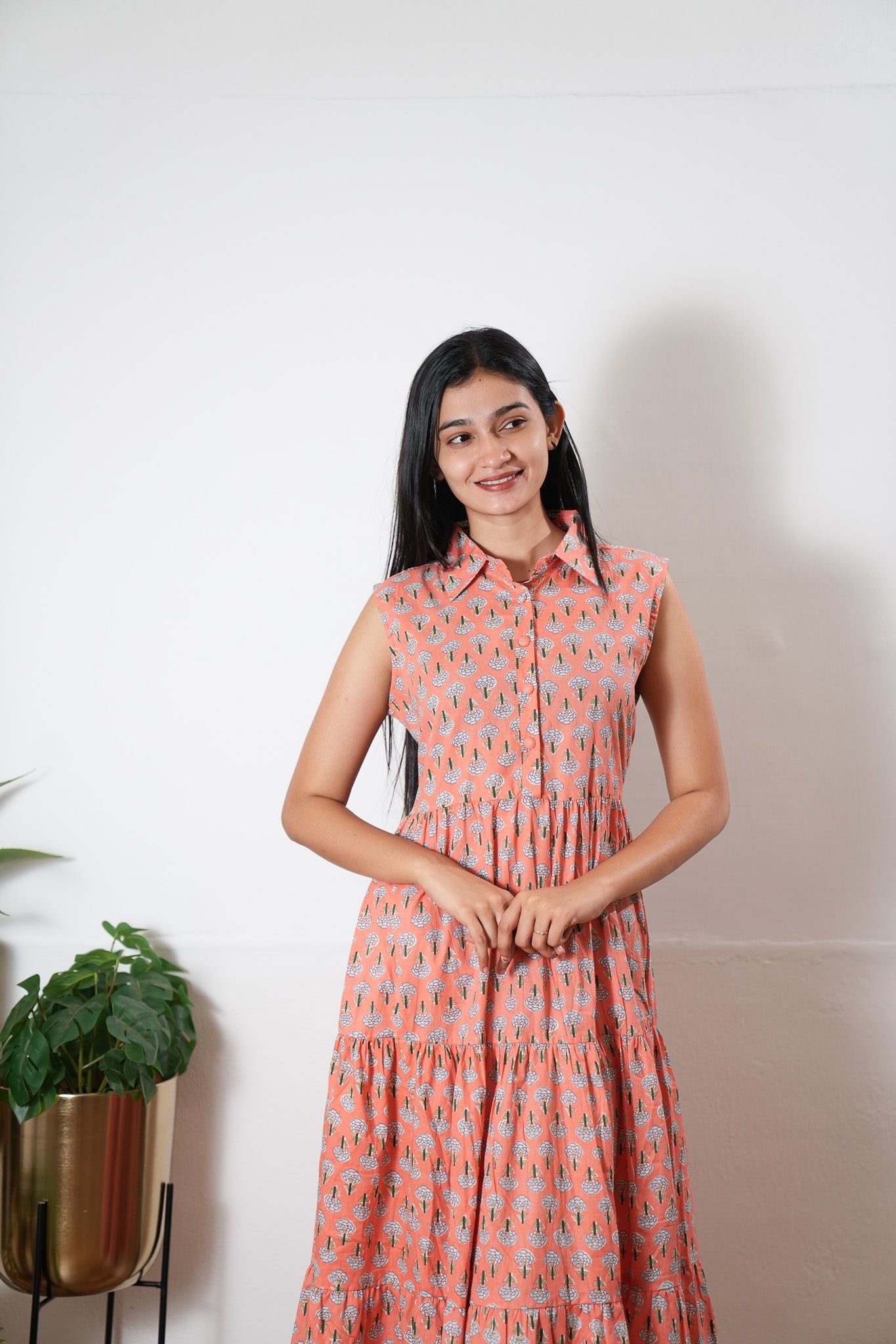 Peach button down cotton midi dress(attached sleeves)