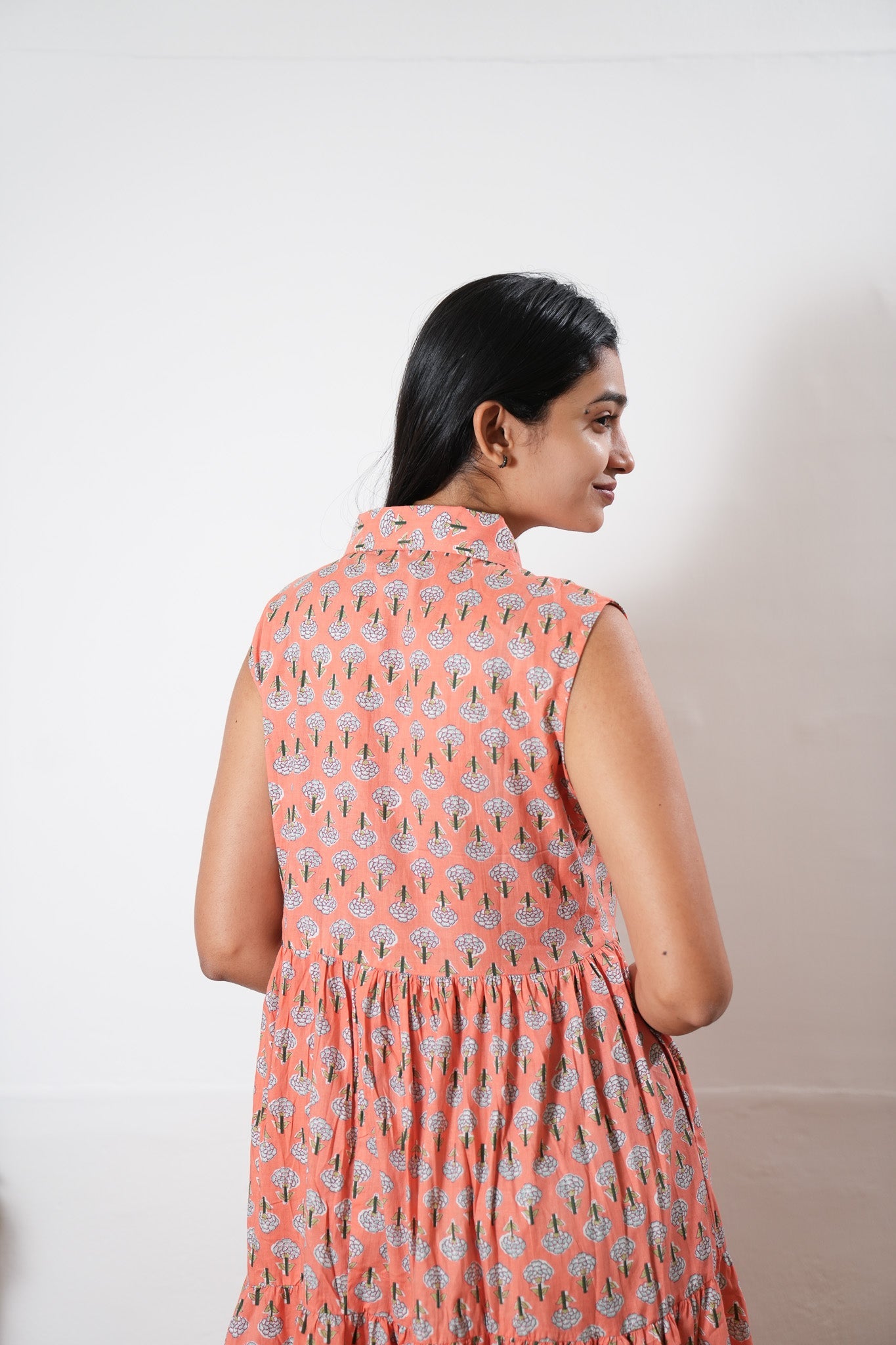 Peach button down cotton midi dress(attached sleeves)