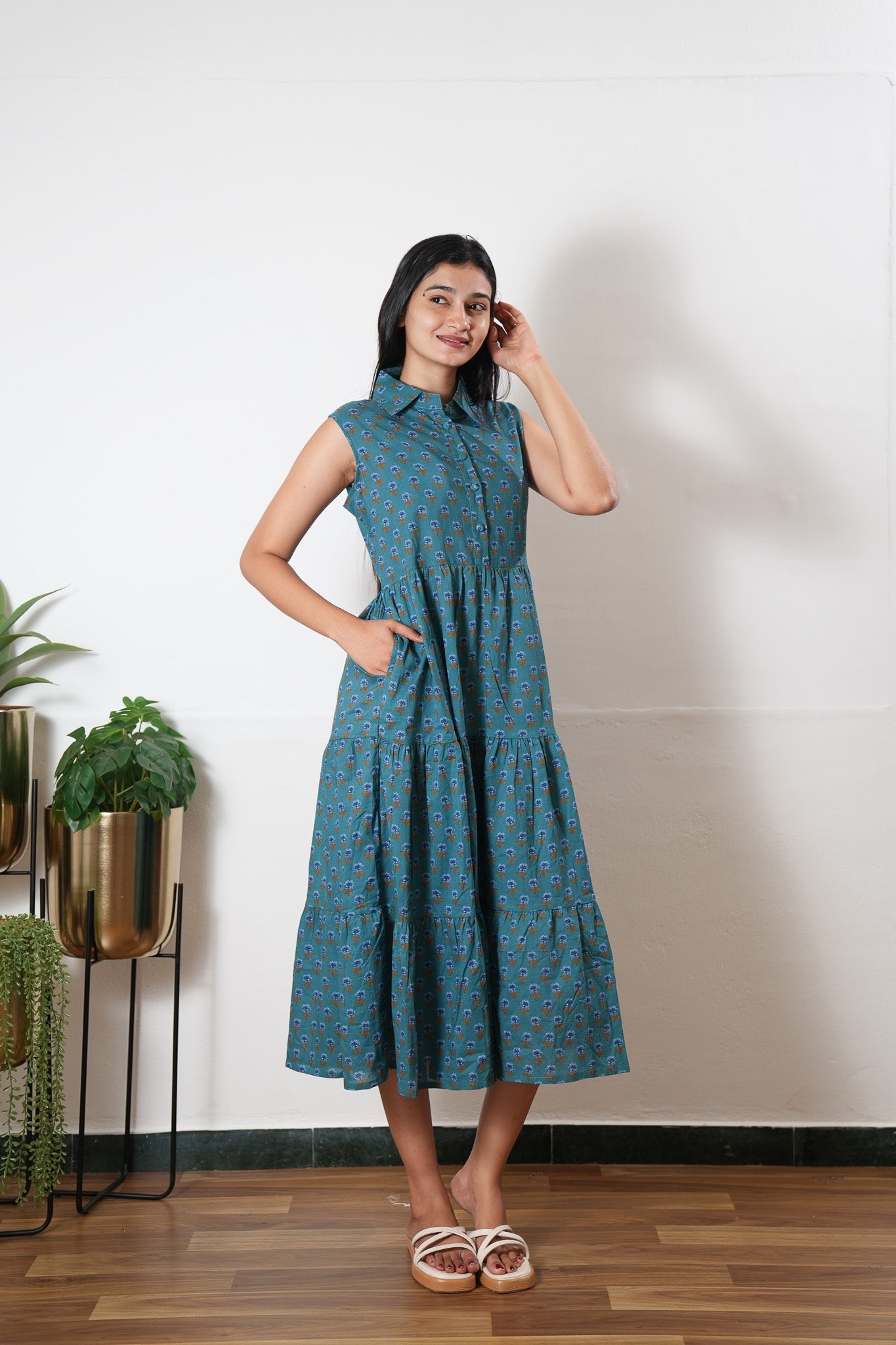 Peacock blue button down cotton midi dress(attached sleeves)
