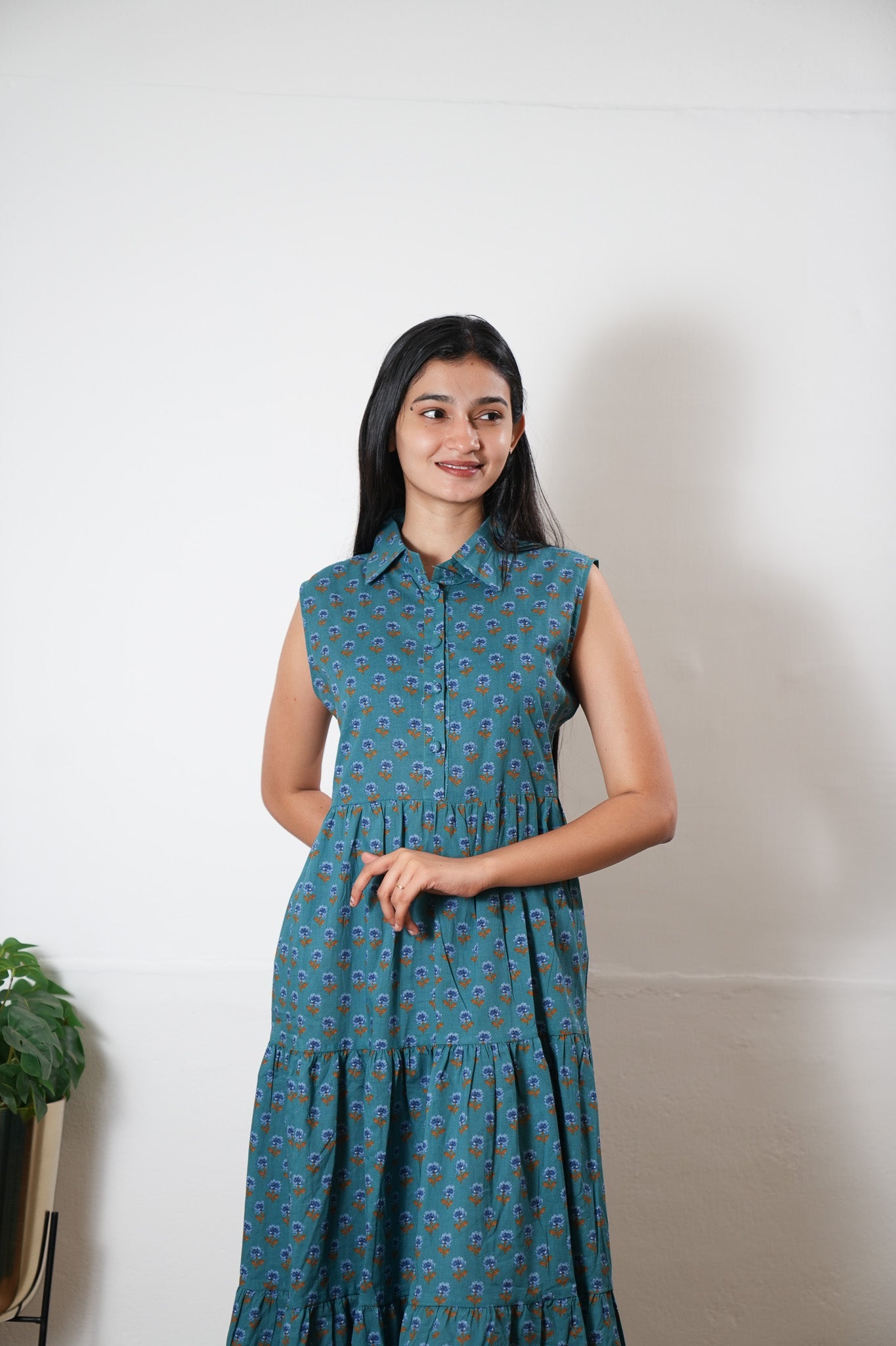 Peacock blue button down cotton midi dress(attached sleeves)