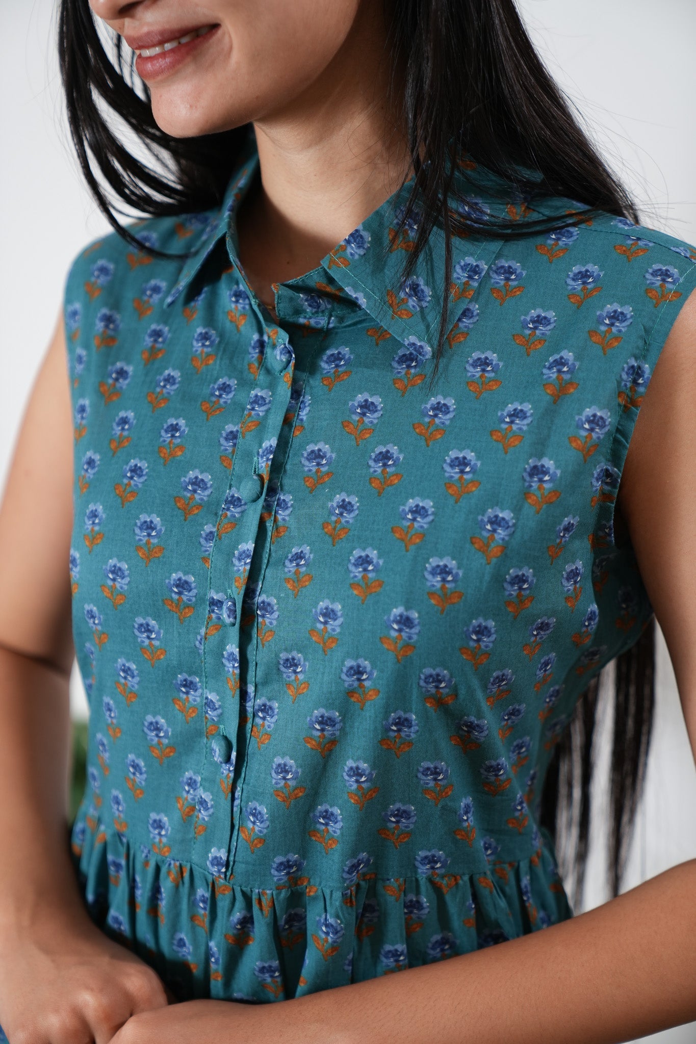 Peacock blue button down cotton midi dress(attached sleeves)