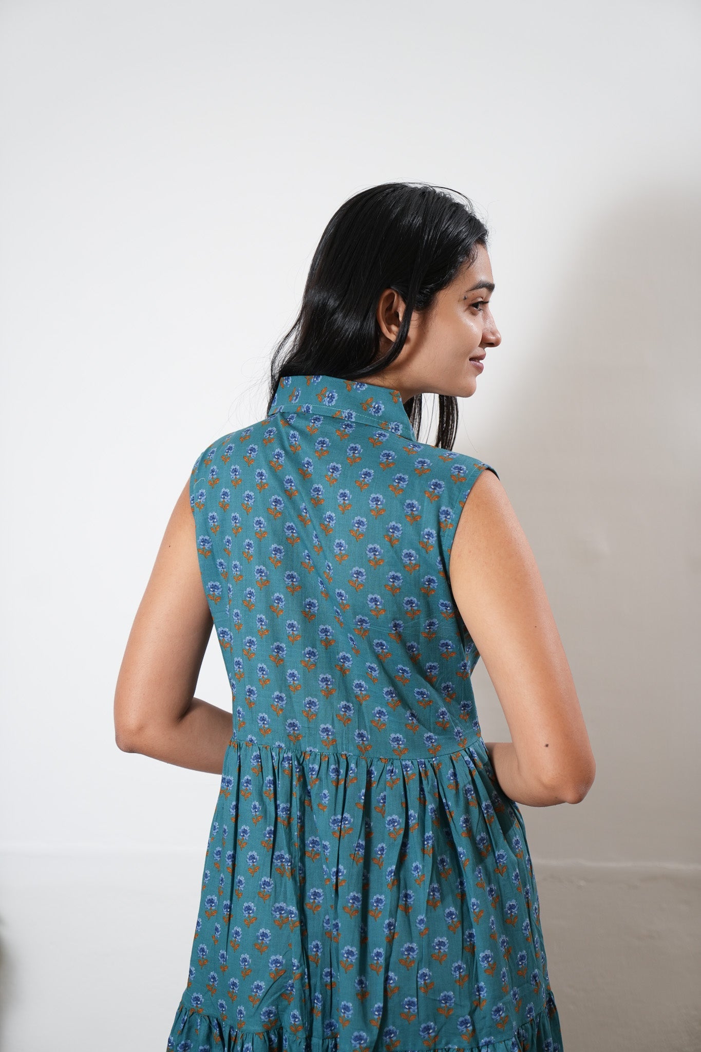 Peacock blue button down cotton midi dress(attached sleeves)
