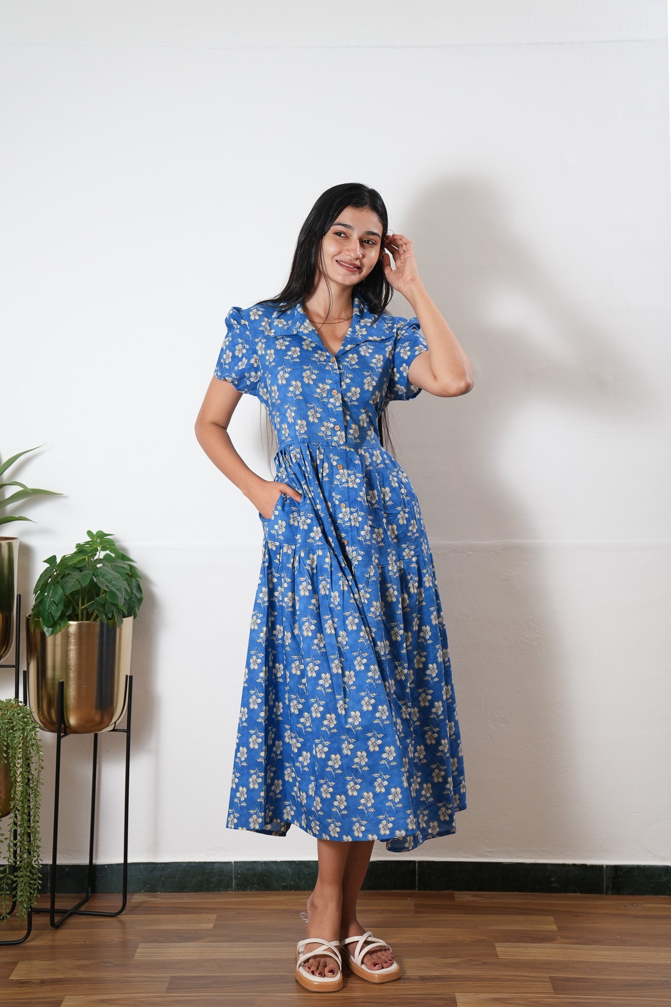 Cloud button down cotton midi dress