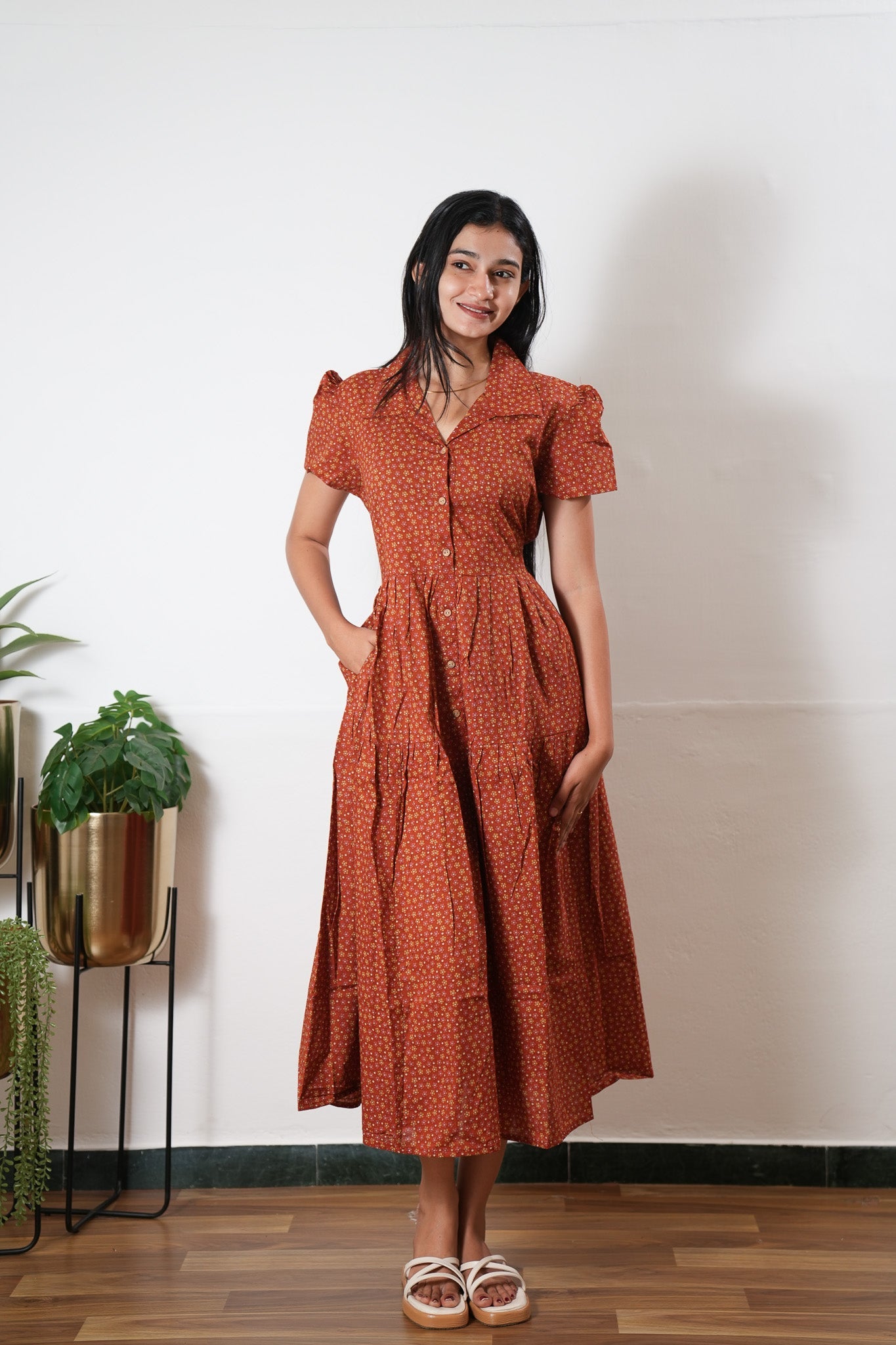 Rust orange button down midi dress