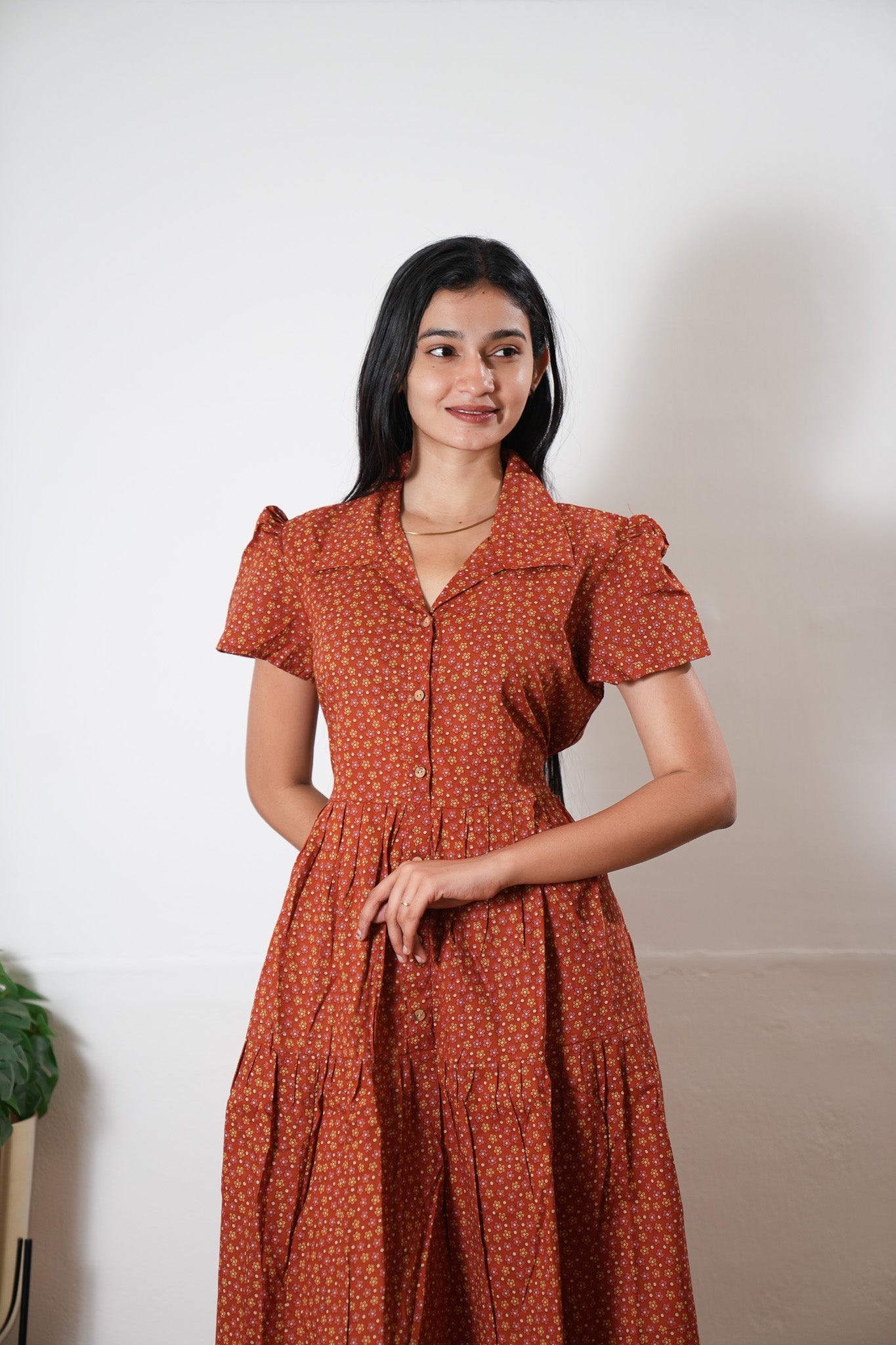Rust orange button down midi dress