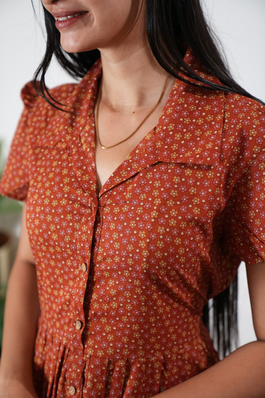 Rust orange button down midi dress