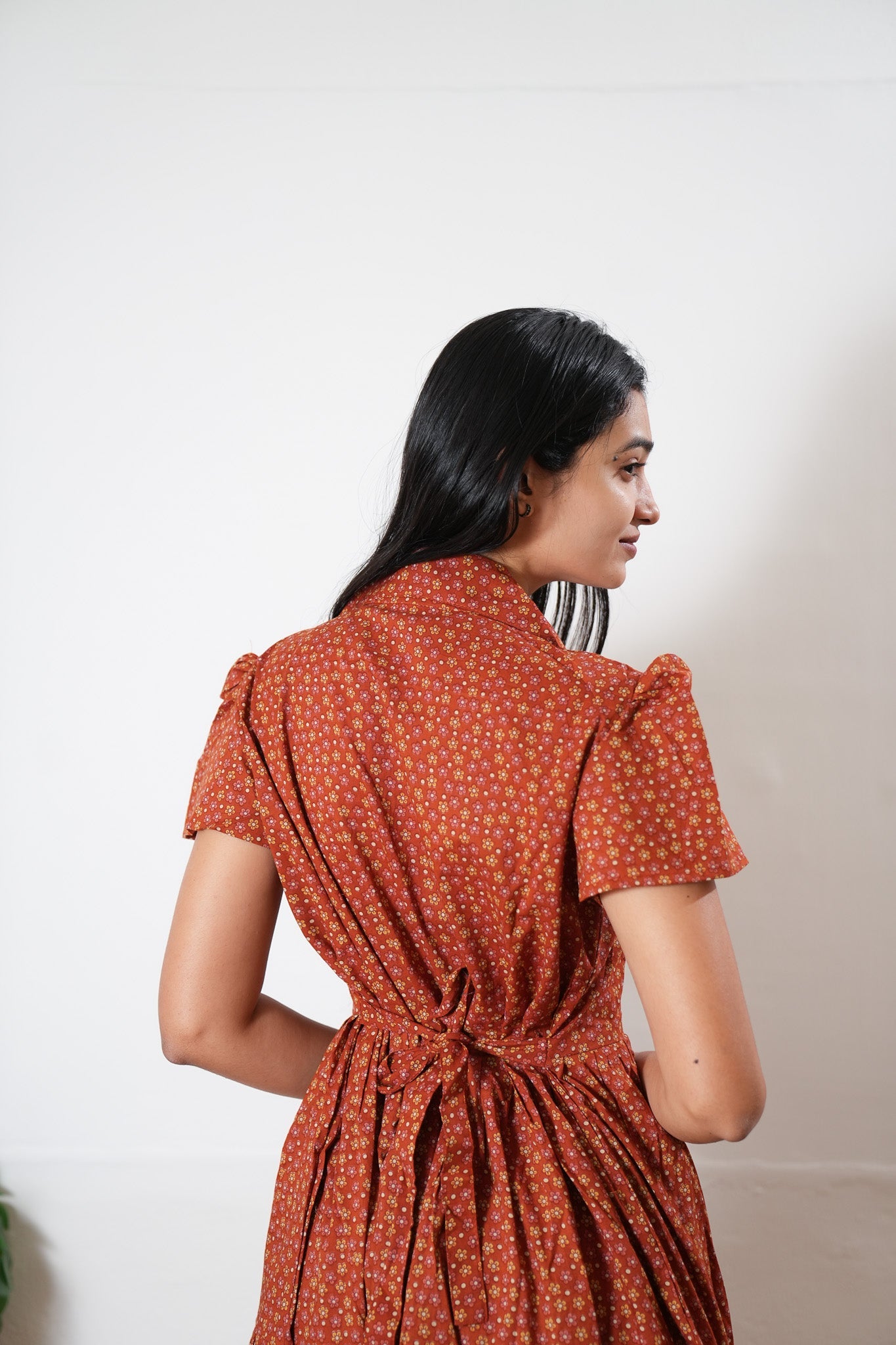 Rust orange button down midi dress