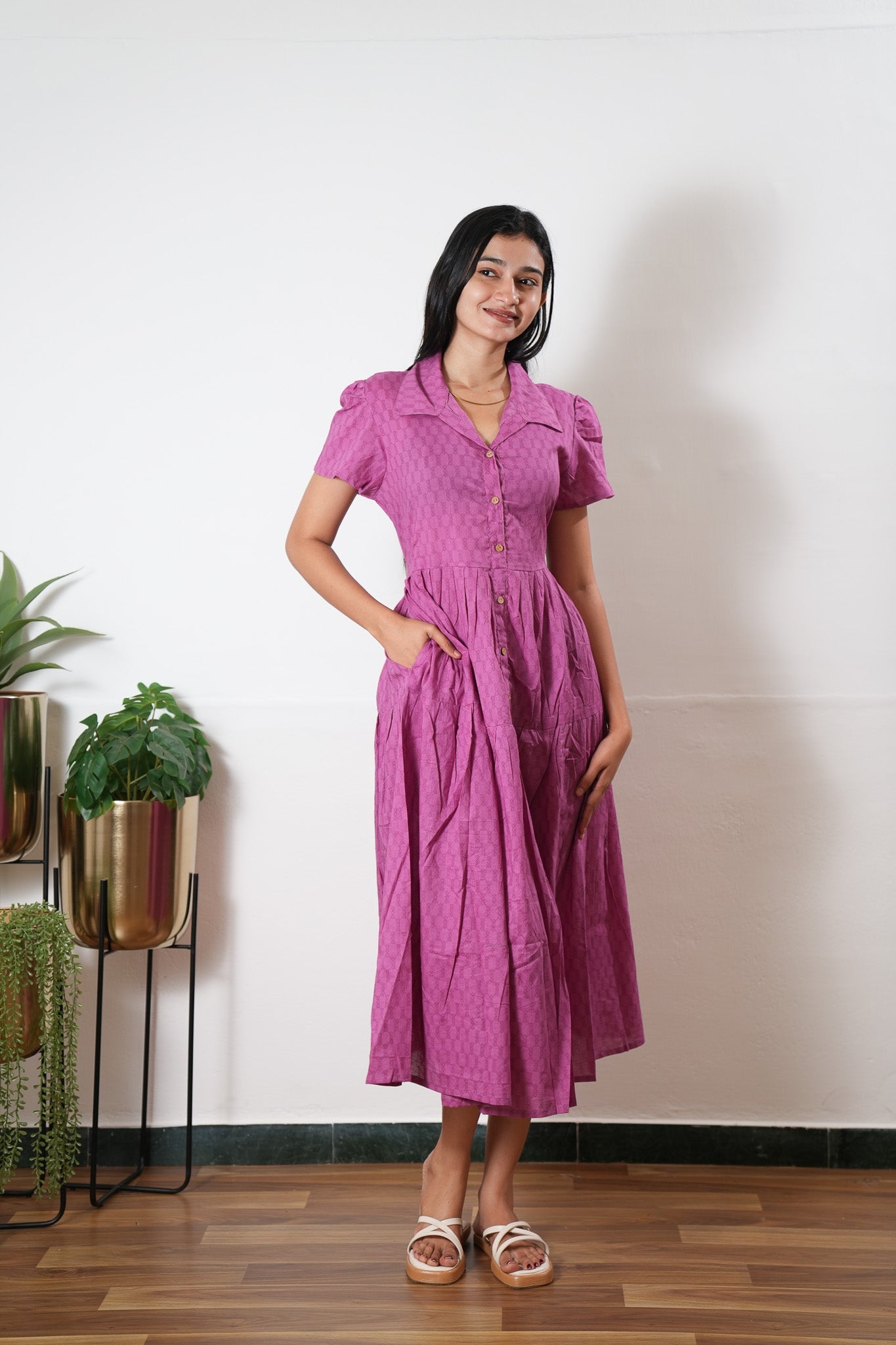 Magenta button down cotton midi dress