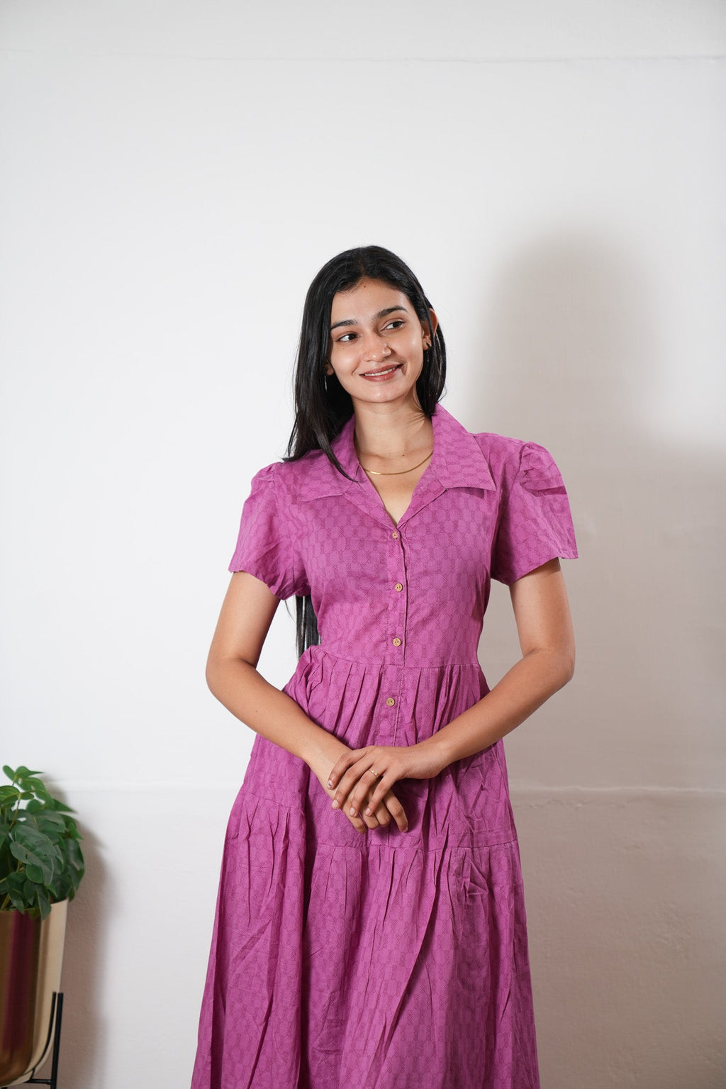 Magenta button down cotton midi dress