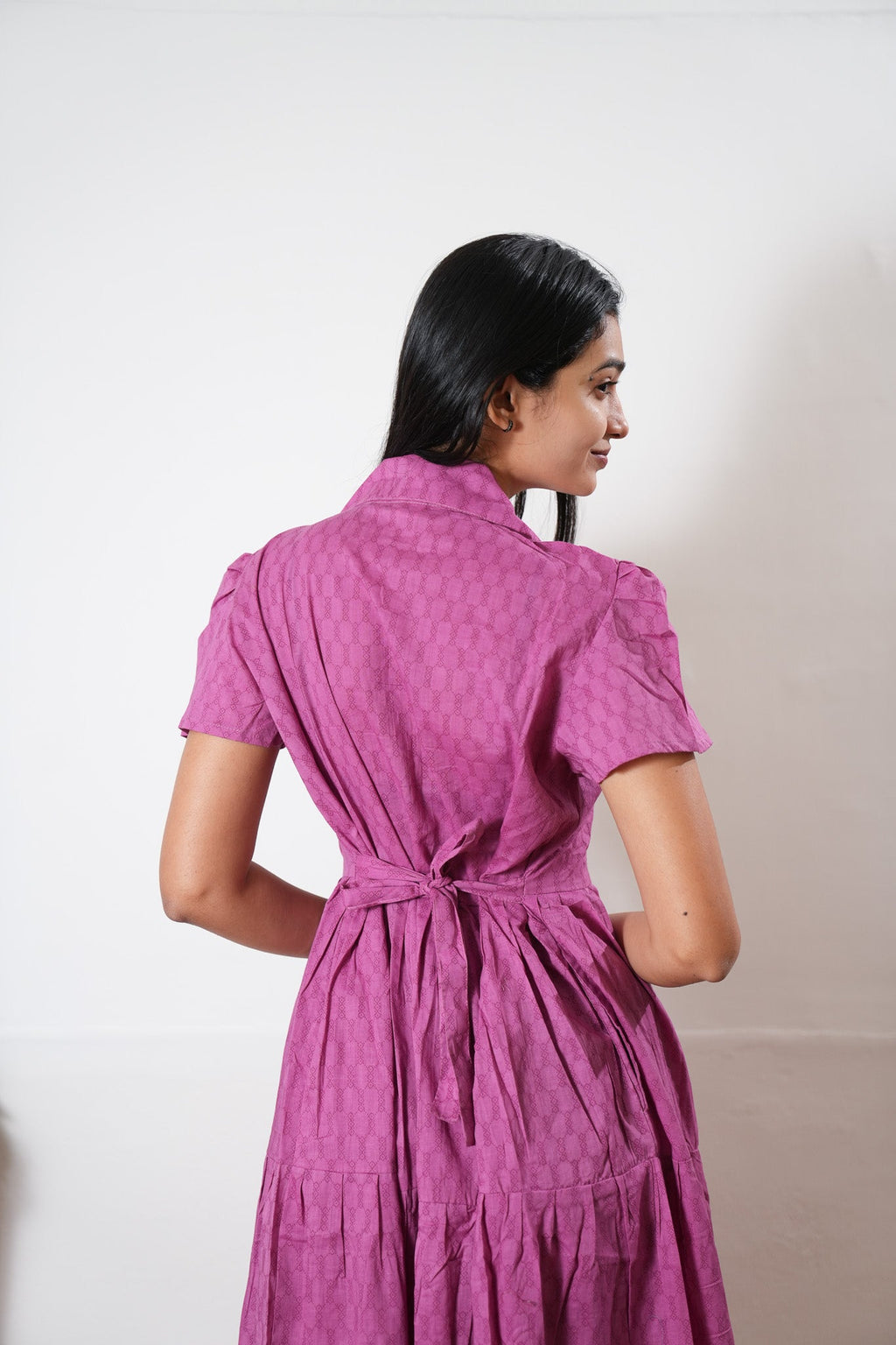 Magenta button down cotton midi dress