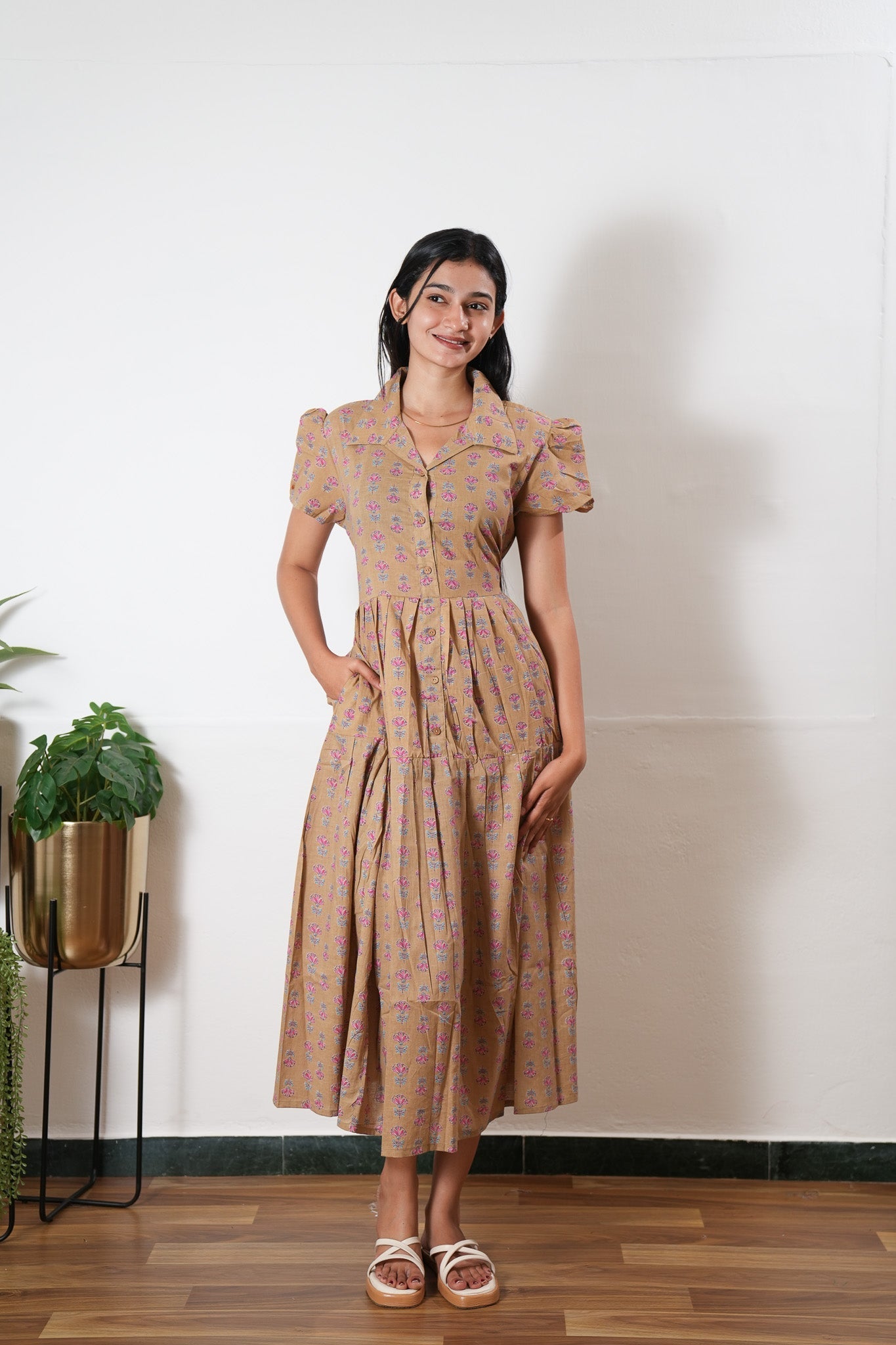Sandal button down cotton midi dress