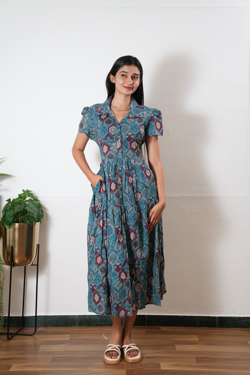 Ocean button down cotton midi dress