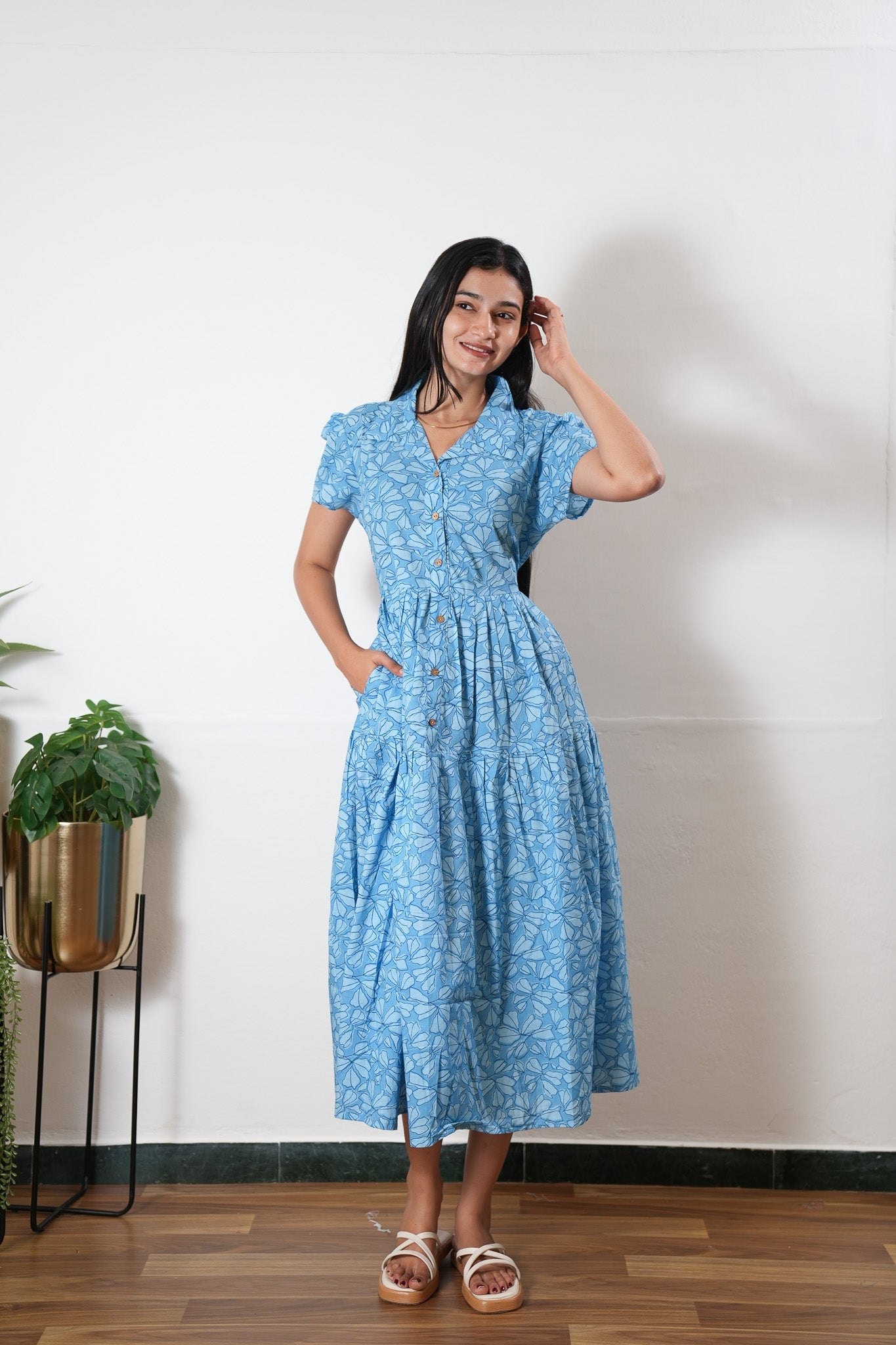 Azure button down cotton midi dress